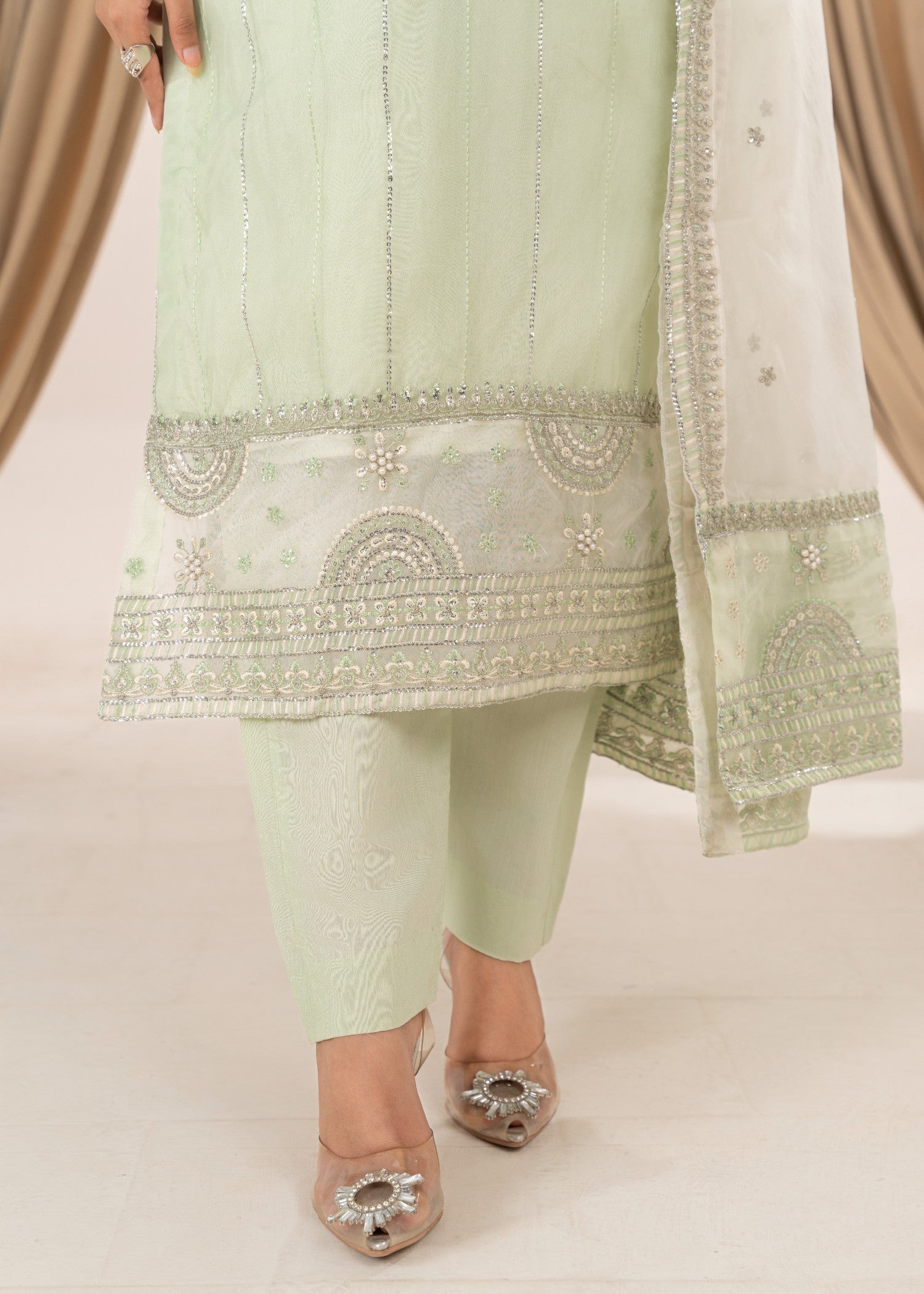 poly organza Kurta Set in Tea green