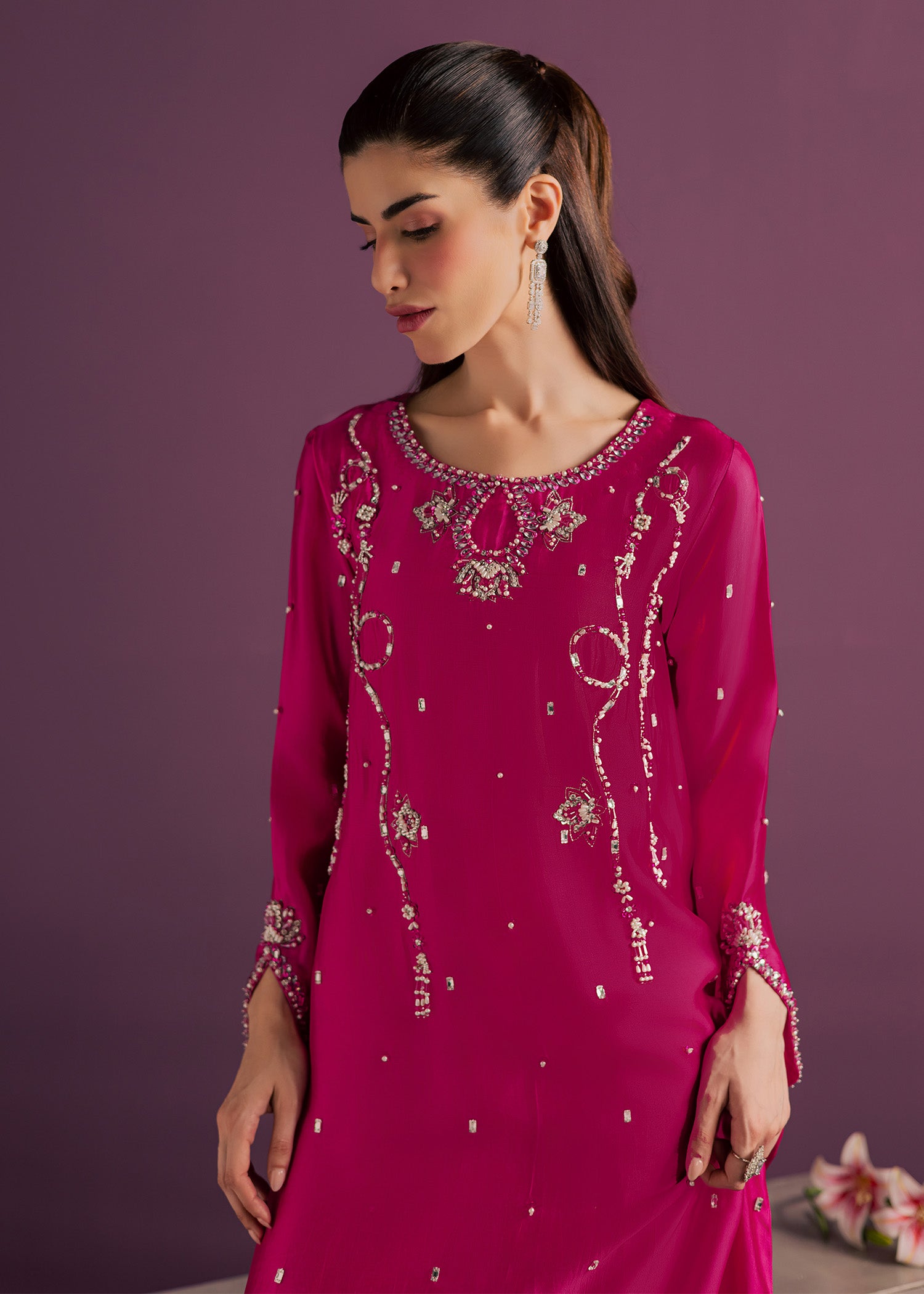 tussar silk Kaftan in Hot pink