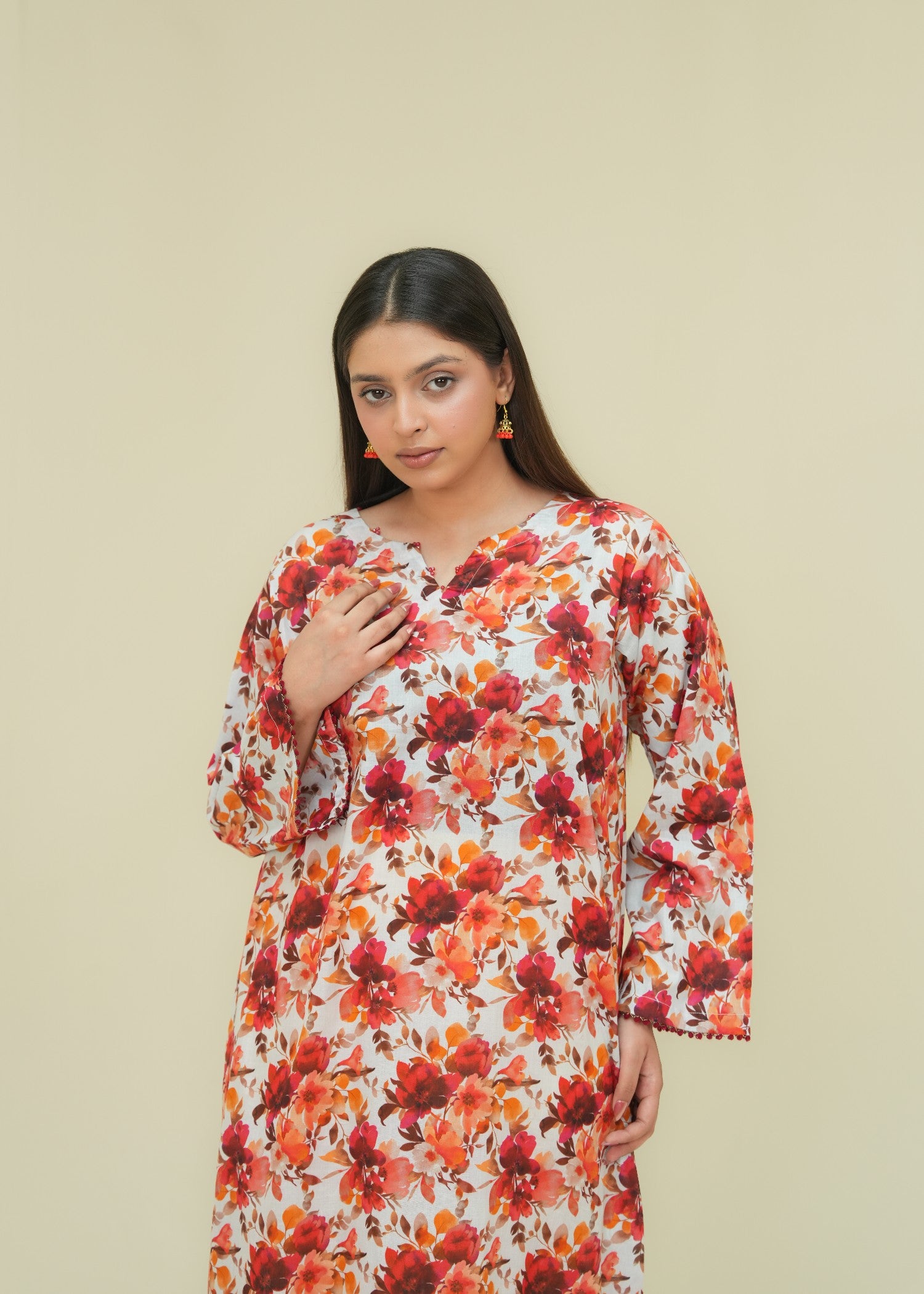 lawn Kaftan in Off-white, mari gold, rose red
