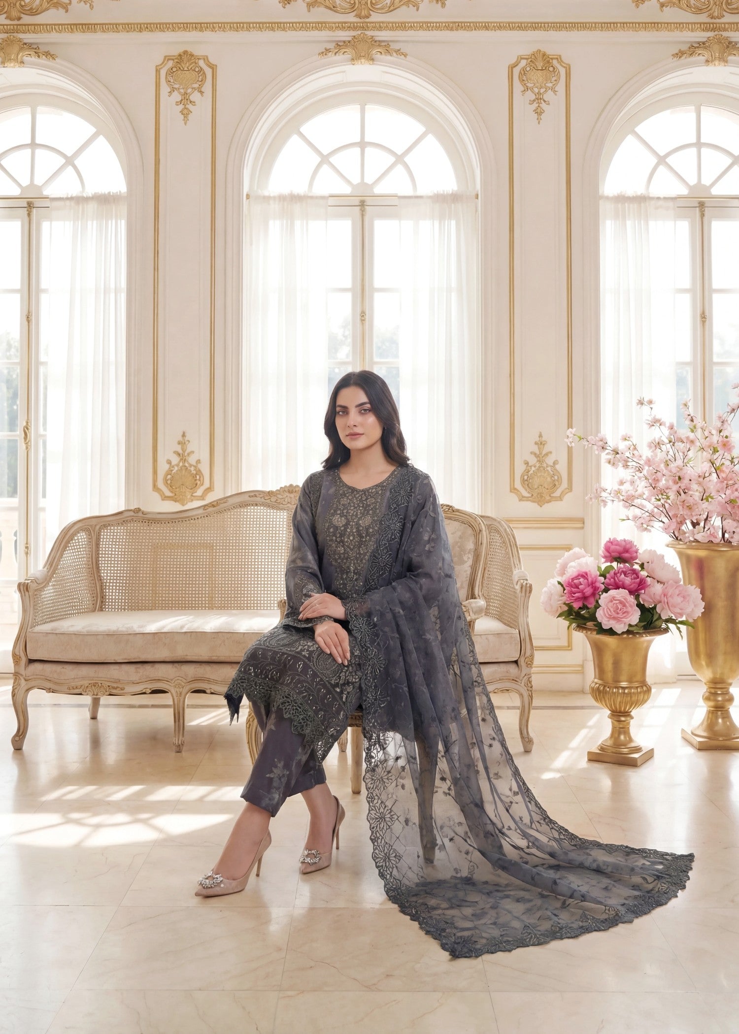 organza Kurta Set in Charcoal black