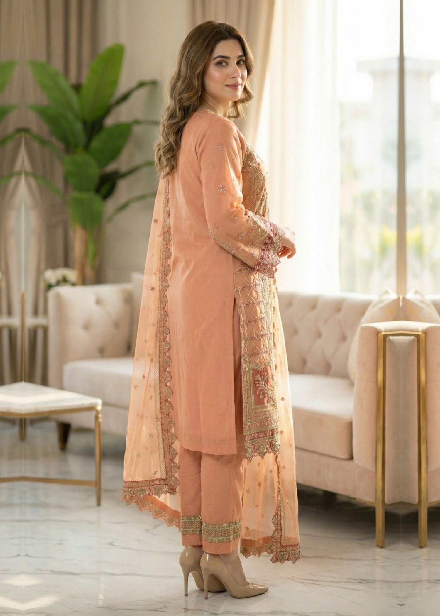 organza Kurta Set in Coral orange