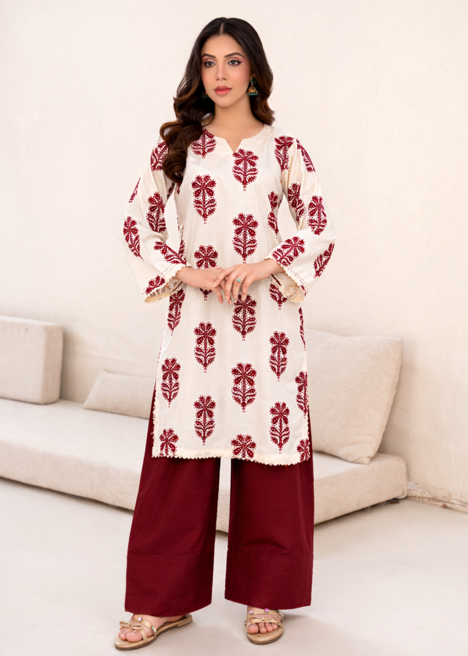 linen Kurta Set in Maroon, cream