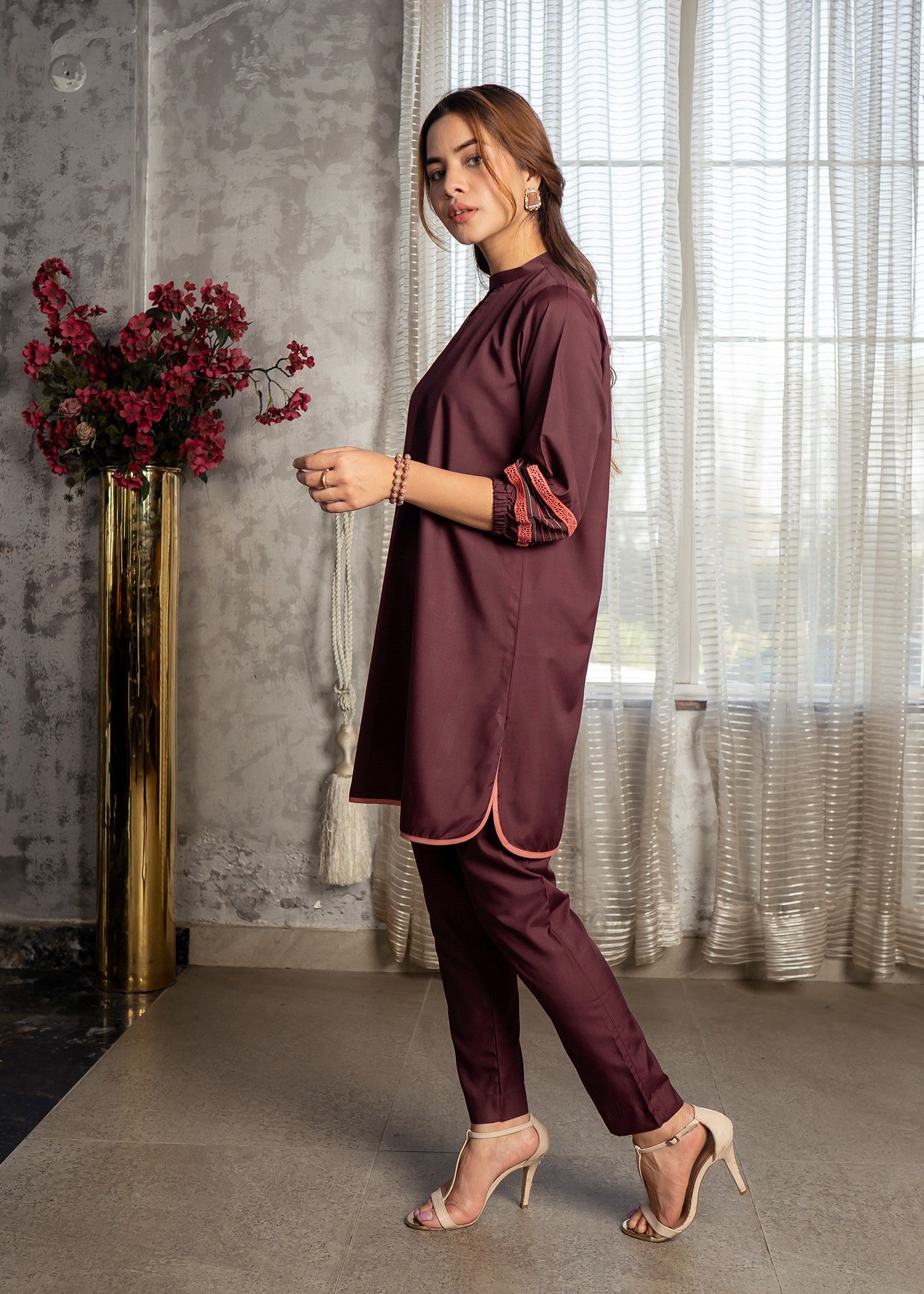blended satin Co Ord Sets in Burgundy
