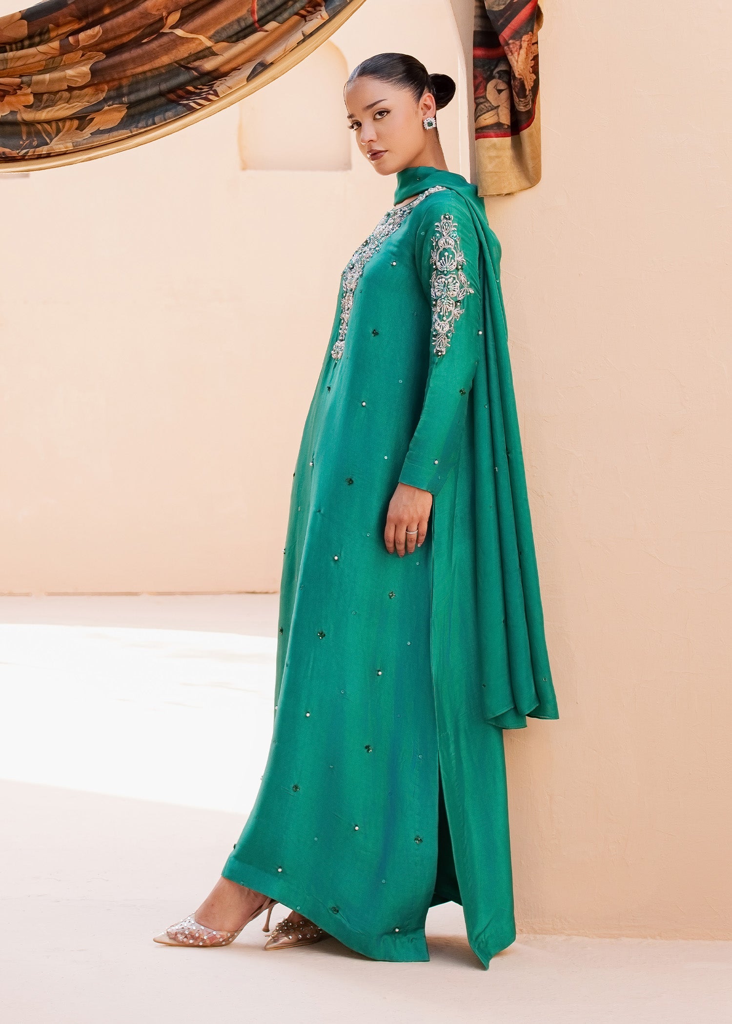 tussar silk Kaftan in Sea green