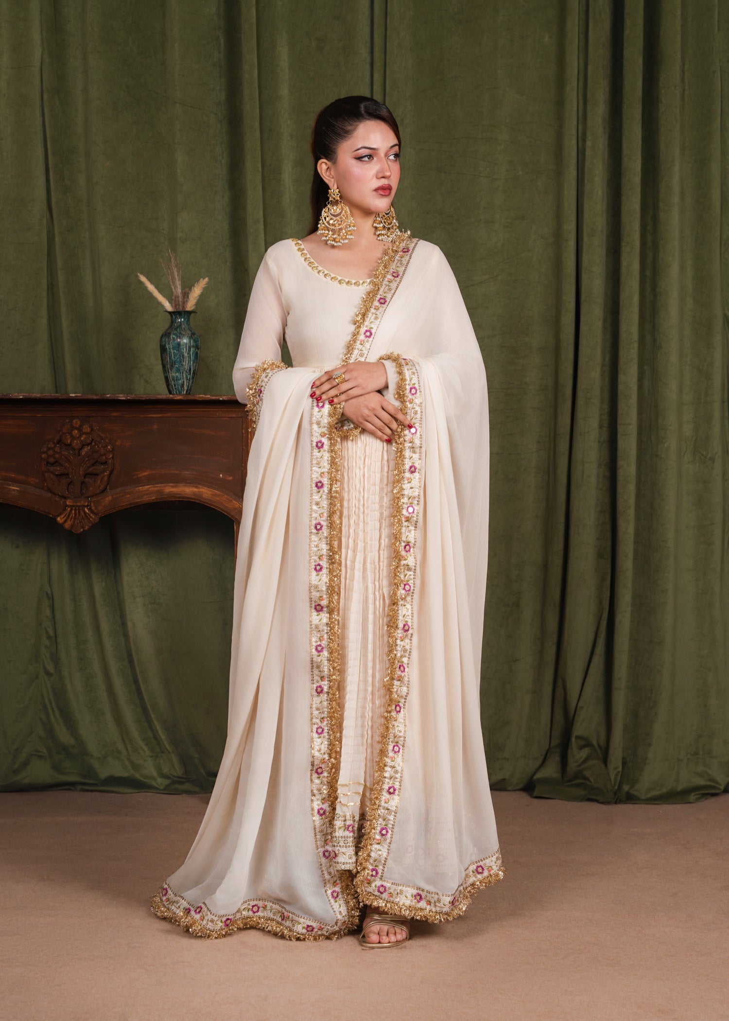 chiffon Anarkali in Ivory