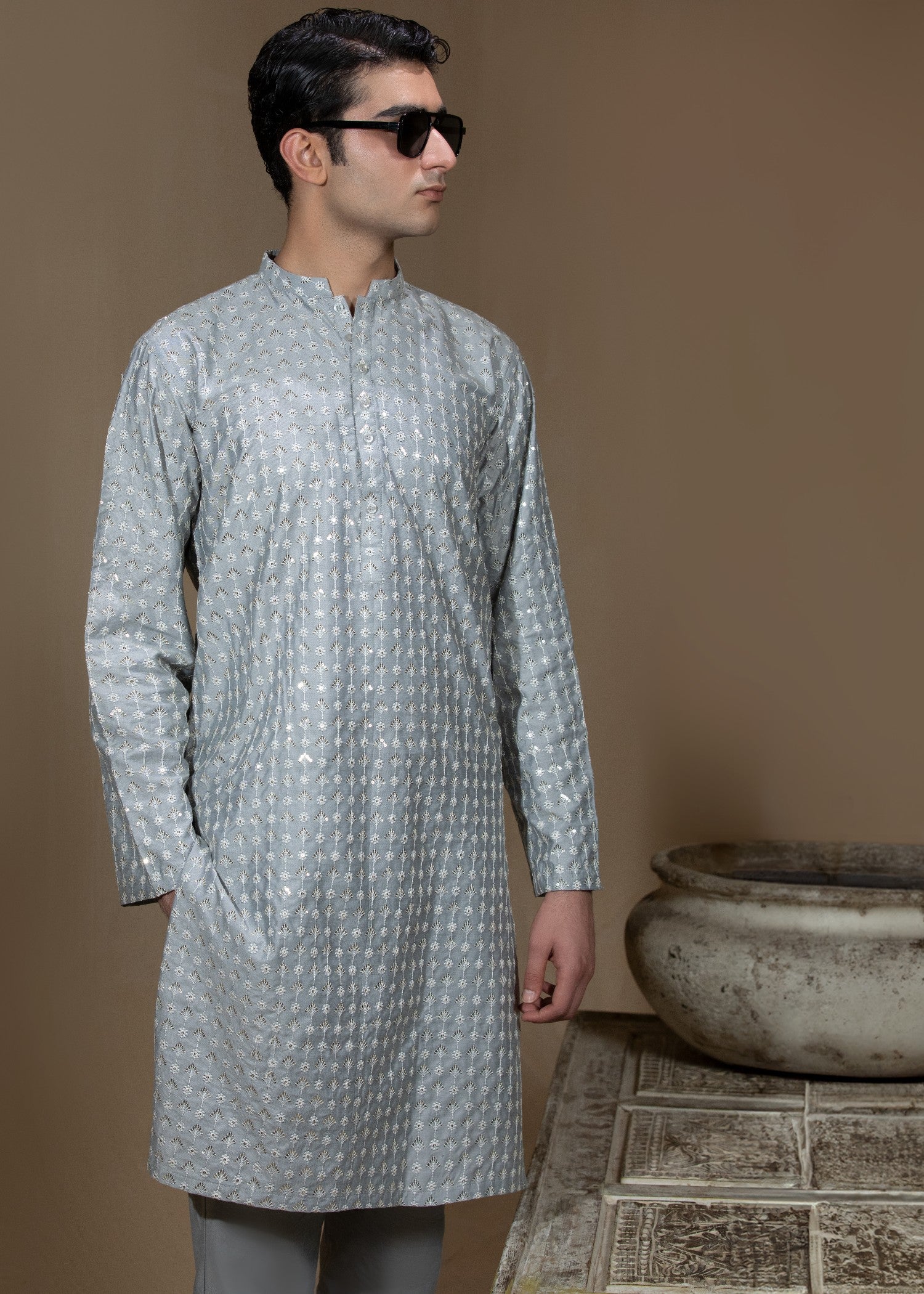 cotton silk Kurta Set in Ash grey