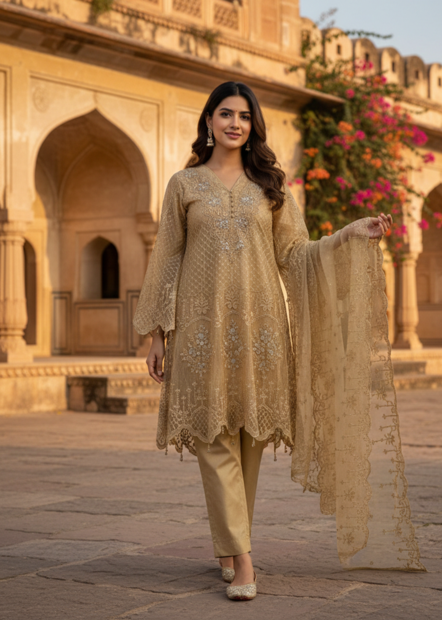 organza net Short Frock in Camel brown