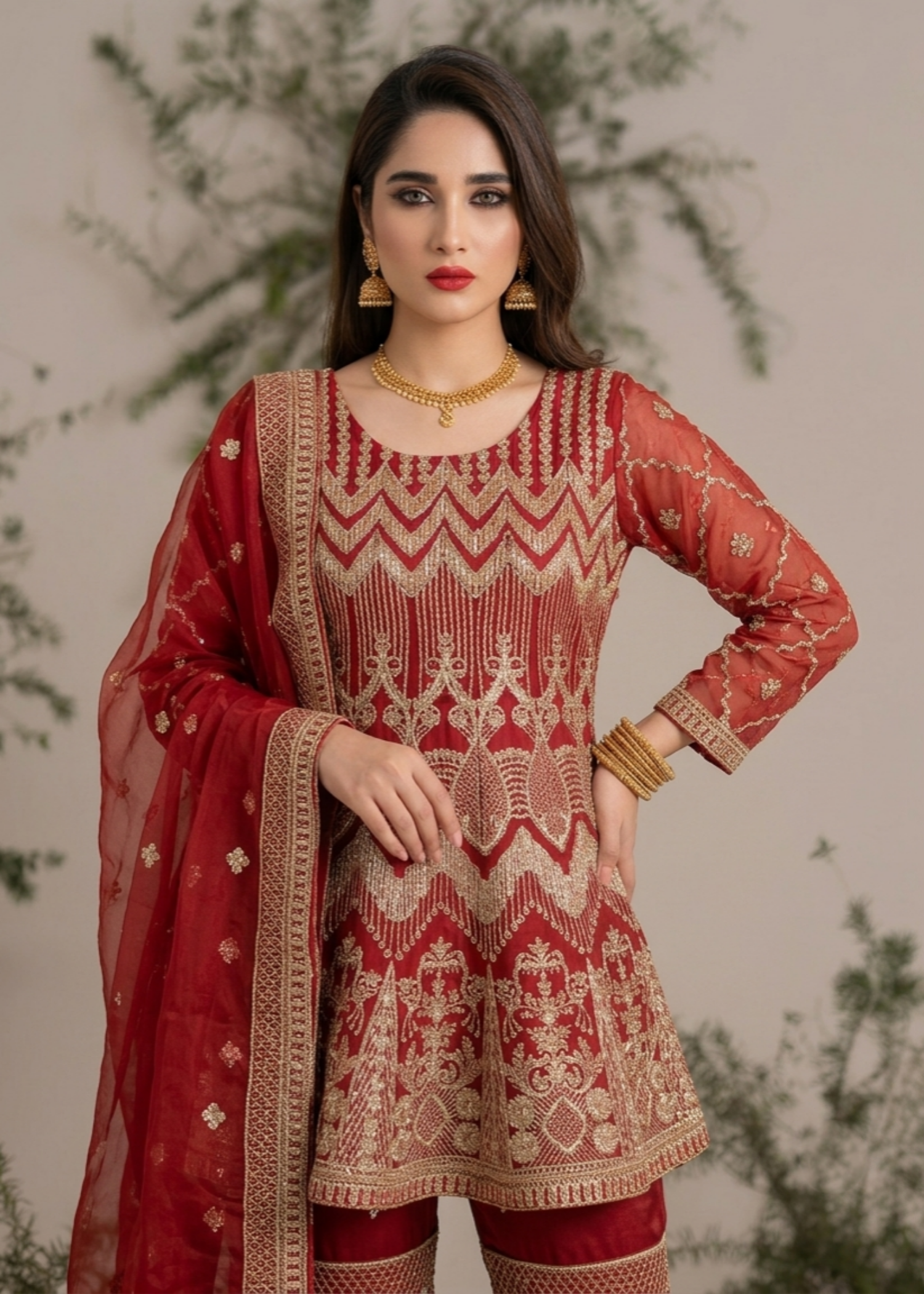 organza Gharara in Red