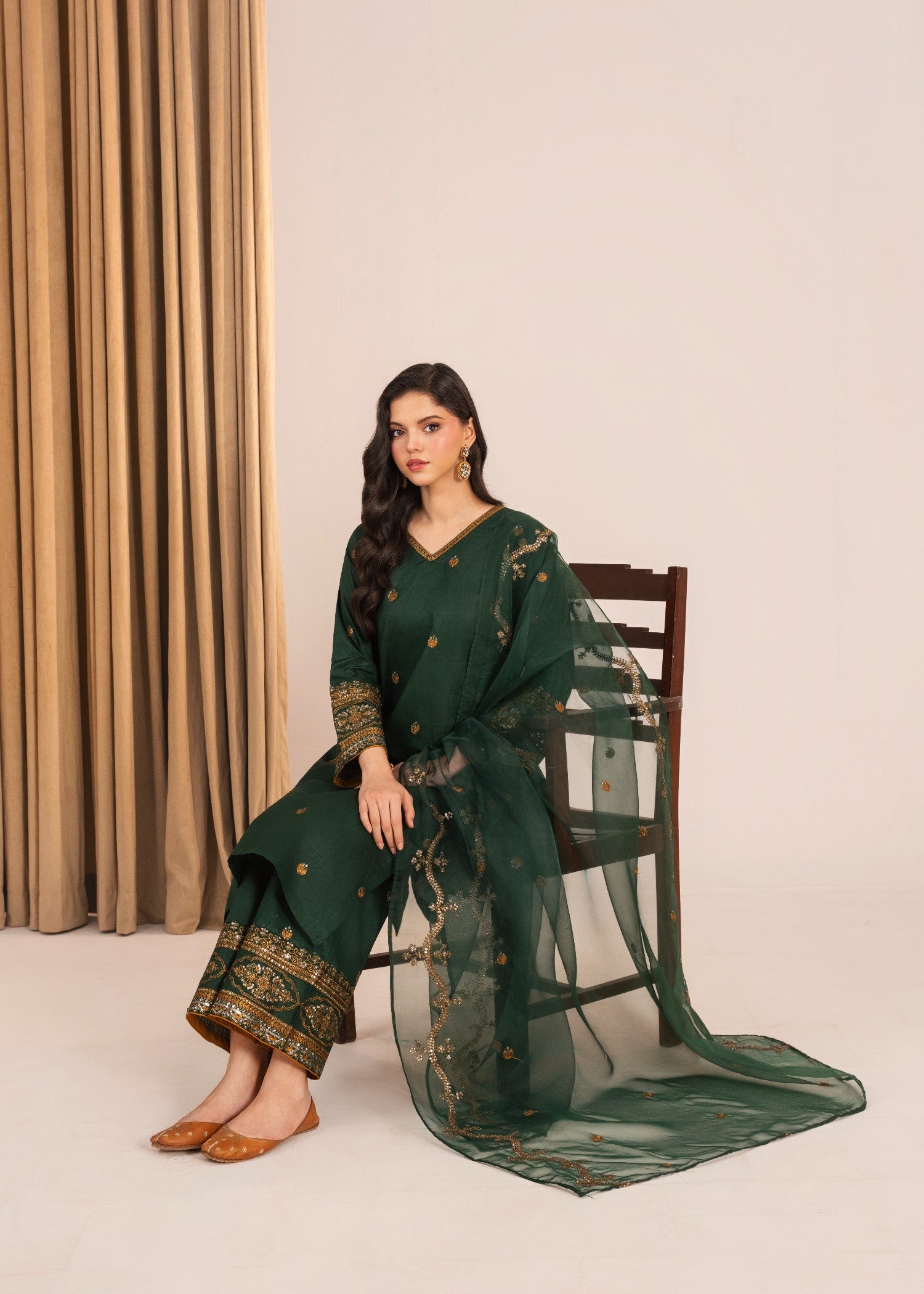 lawn Kurta Set in Gold, dark green