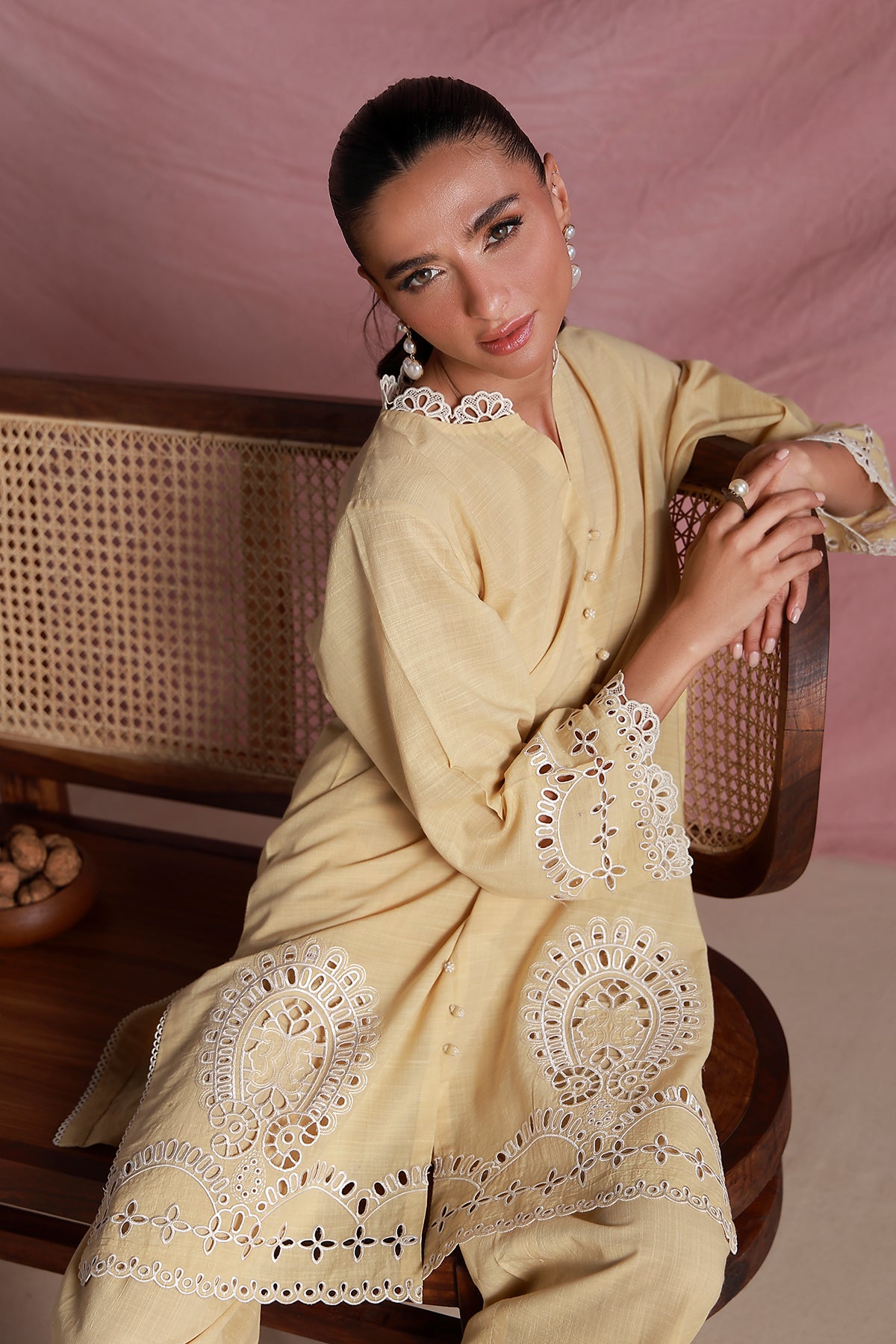 schiffli blended Kurta Set in Yellow