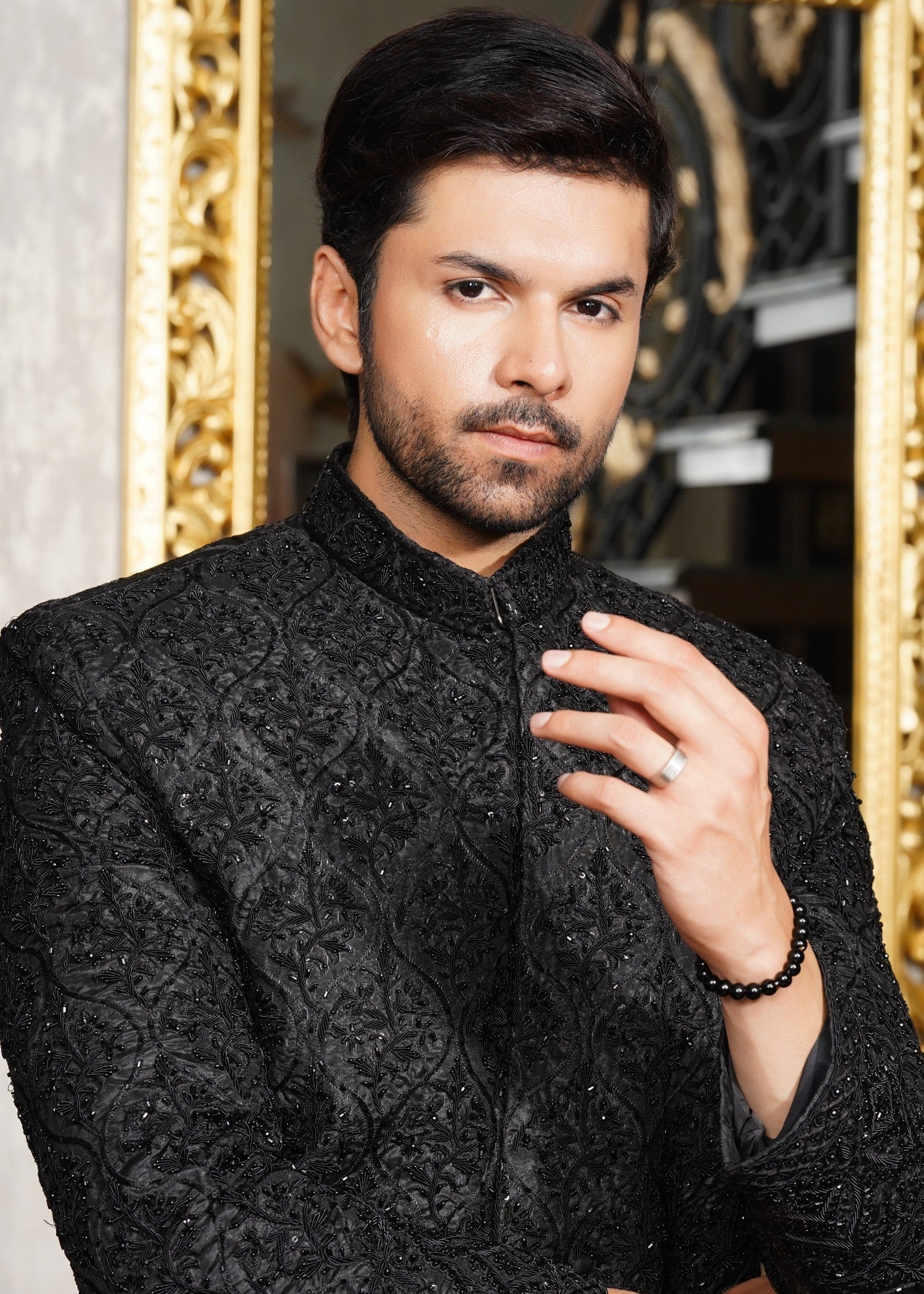 silk jamawar Sherwani in Black