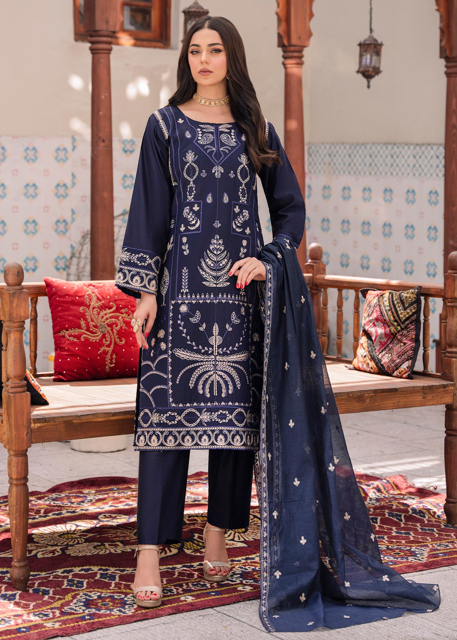 khaddi-silk Kurta Set in Blue