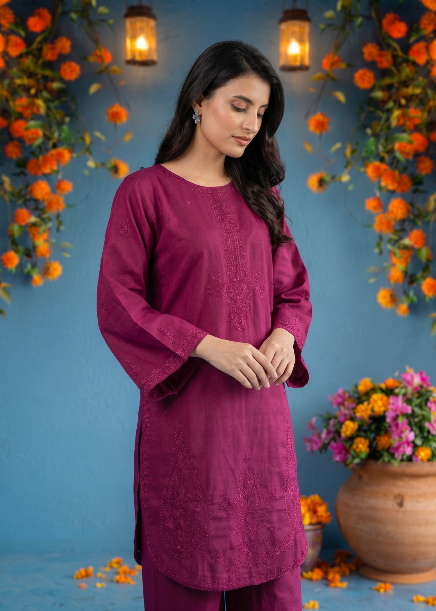 textured lawn Kurti in Magenta haze