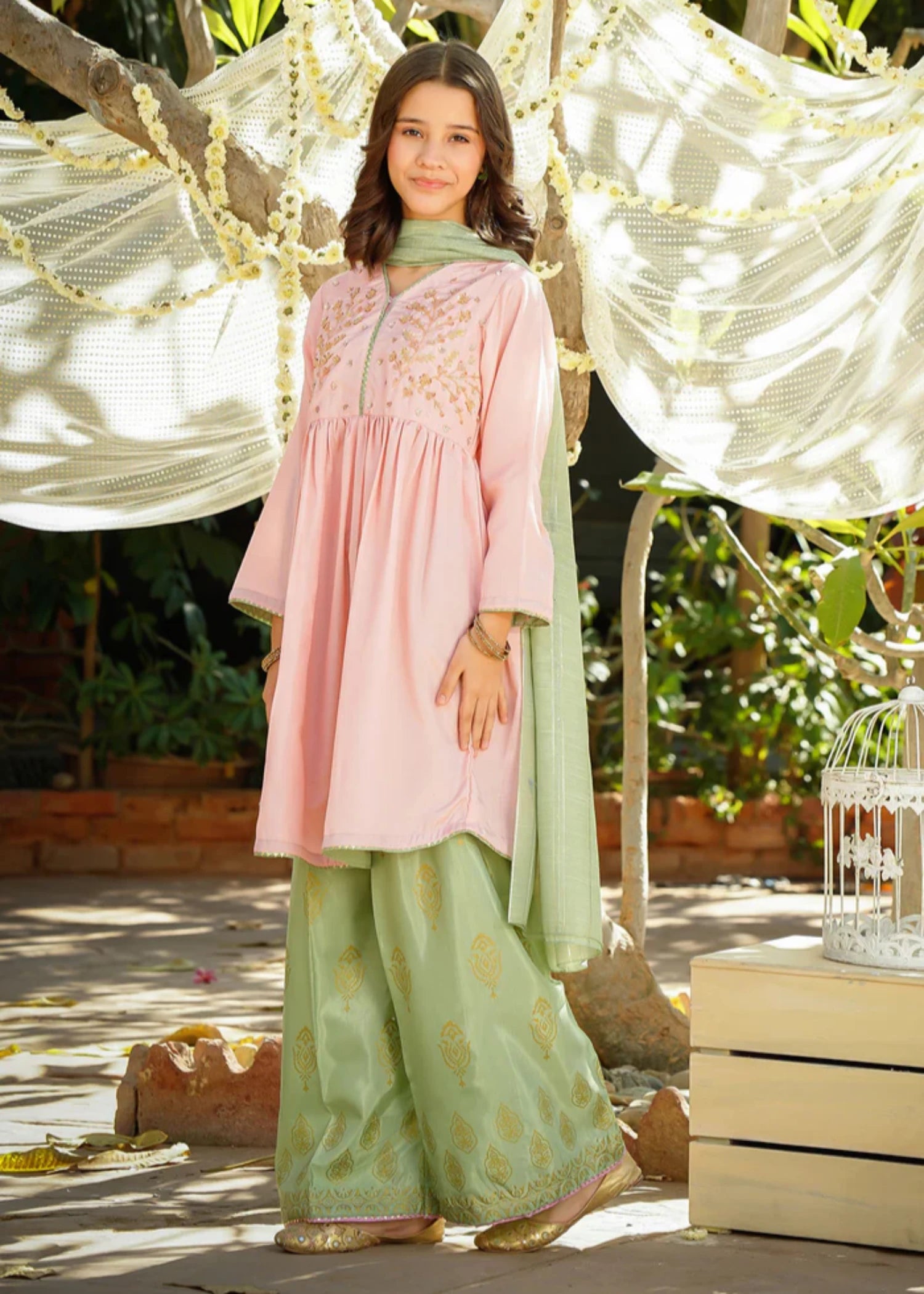 cotton silk Short Frock in Peach pink