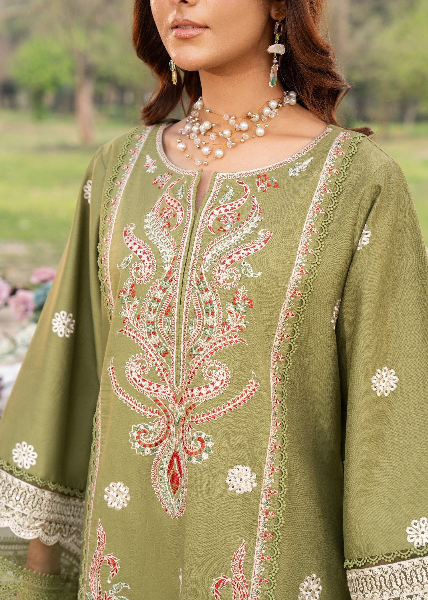 lawn Kurta Set in Olive green
