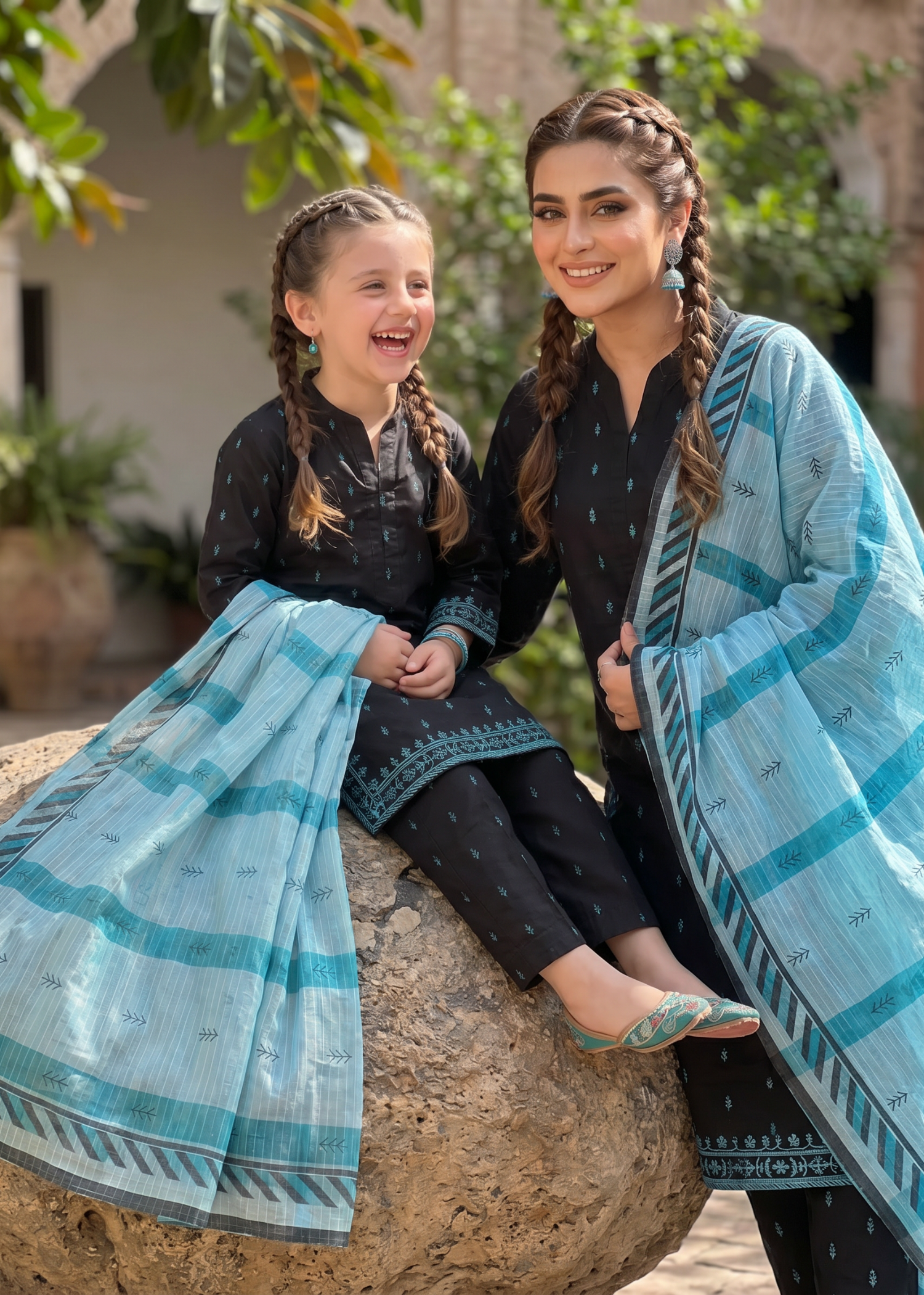 cotton Kurta Set in Black, sky blue