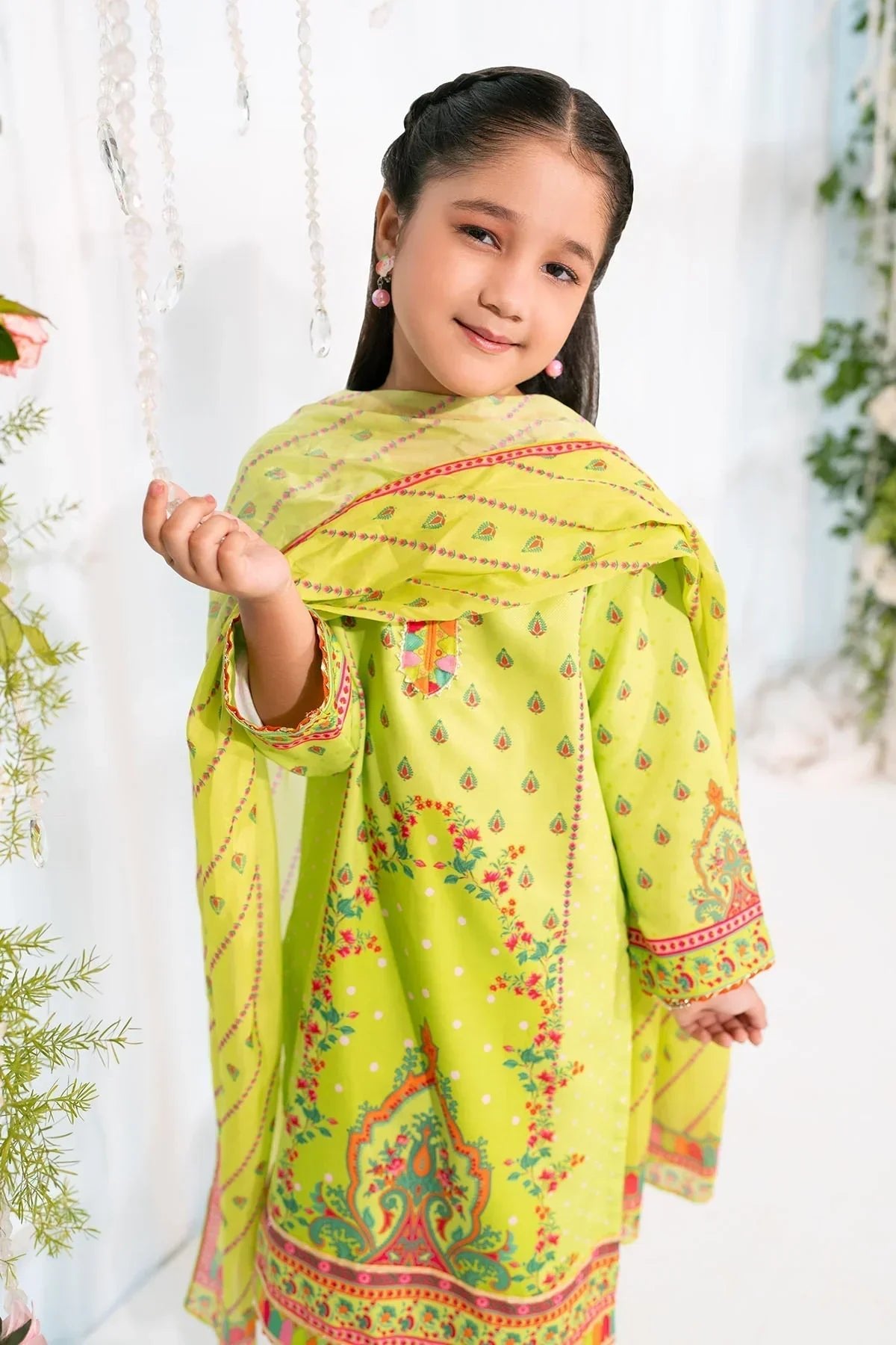 herringbone Kurta Set in Lime green