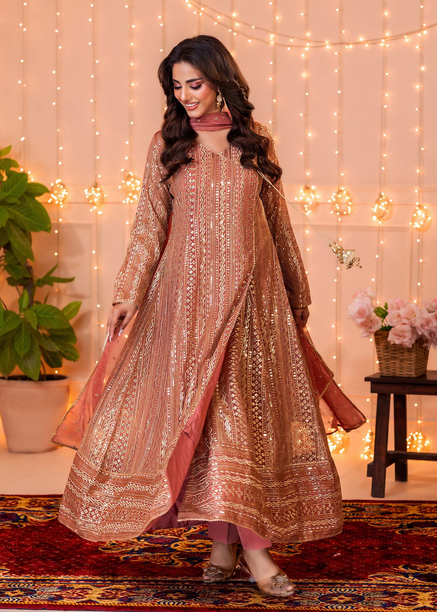 chiffon Angrakha in Coral pink