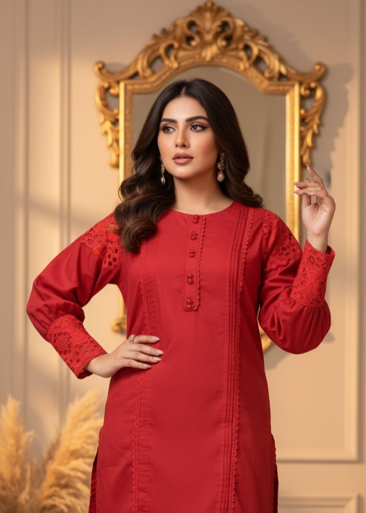 cotton Kurta Set in Red