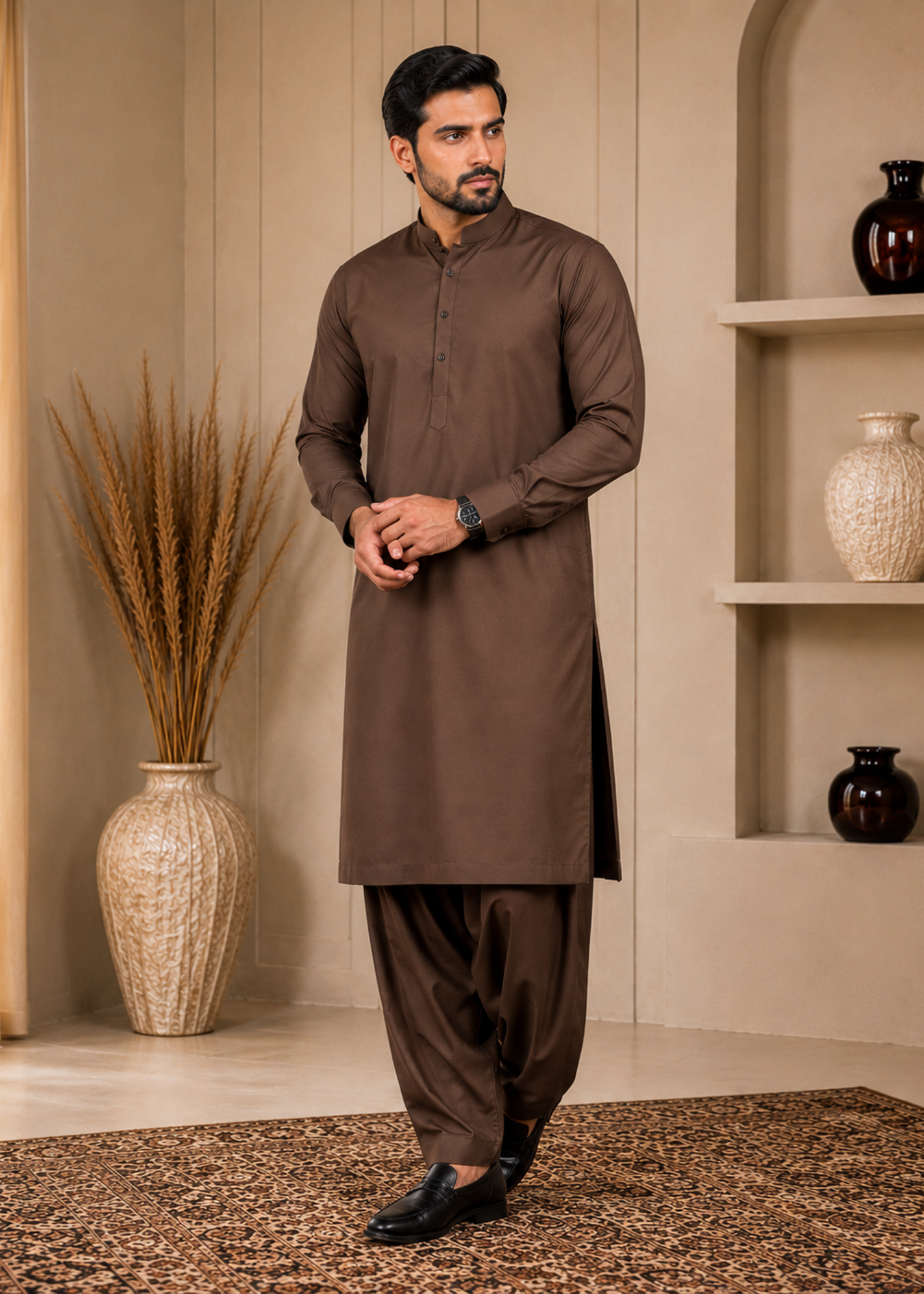wash & wear Shalwar Kameez in Oak brown