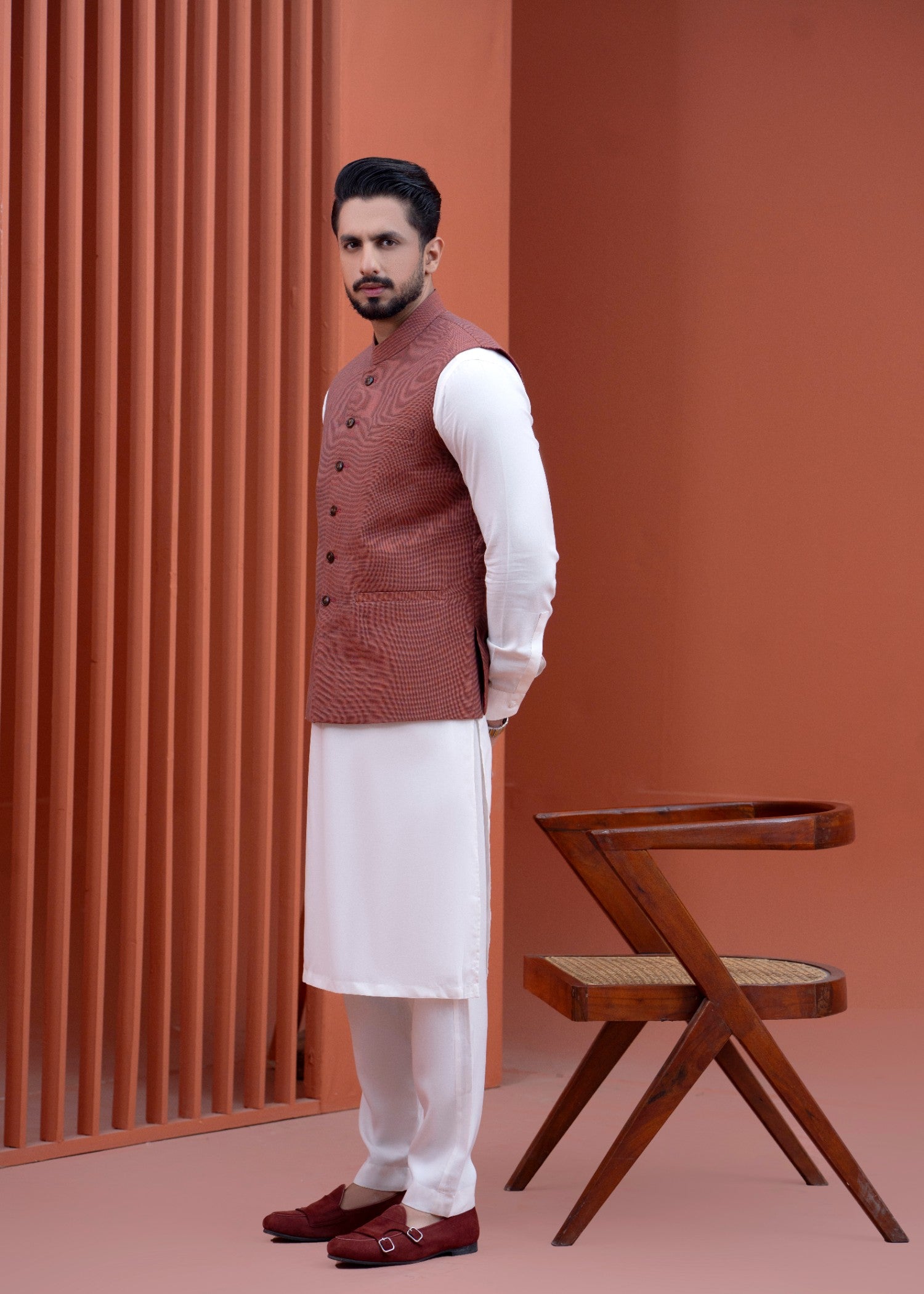 fine khaddar Waistcoat in Copper red