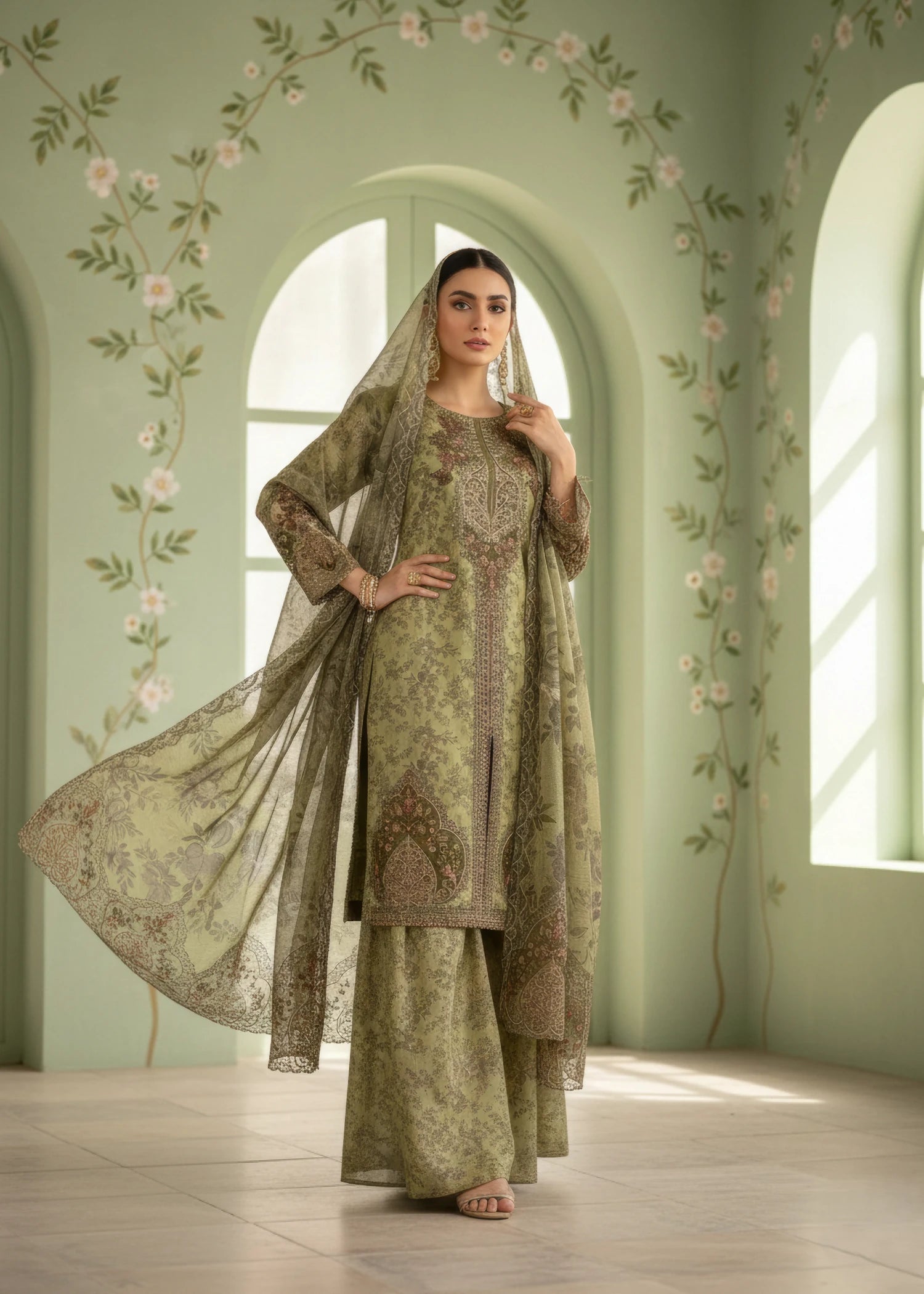 silk finish lawn Kurta Set in Olive green