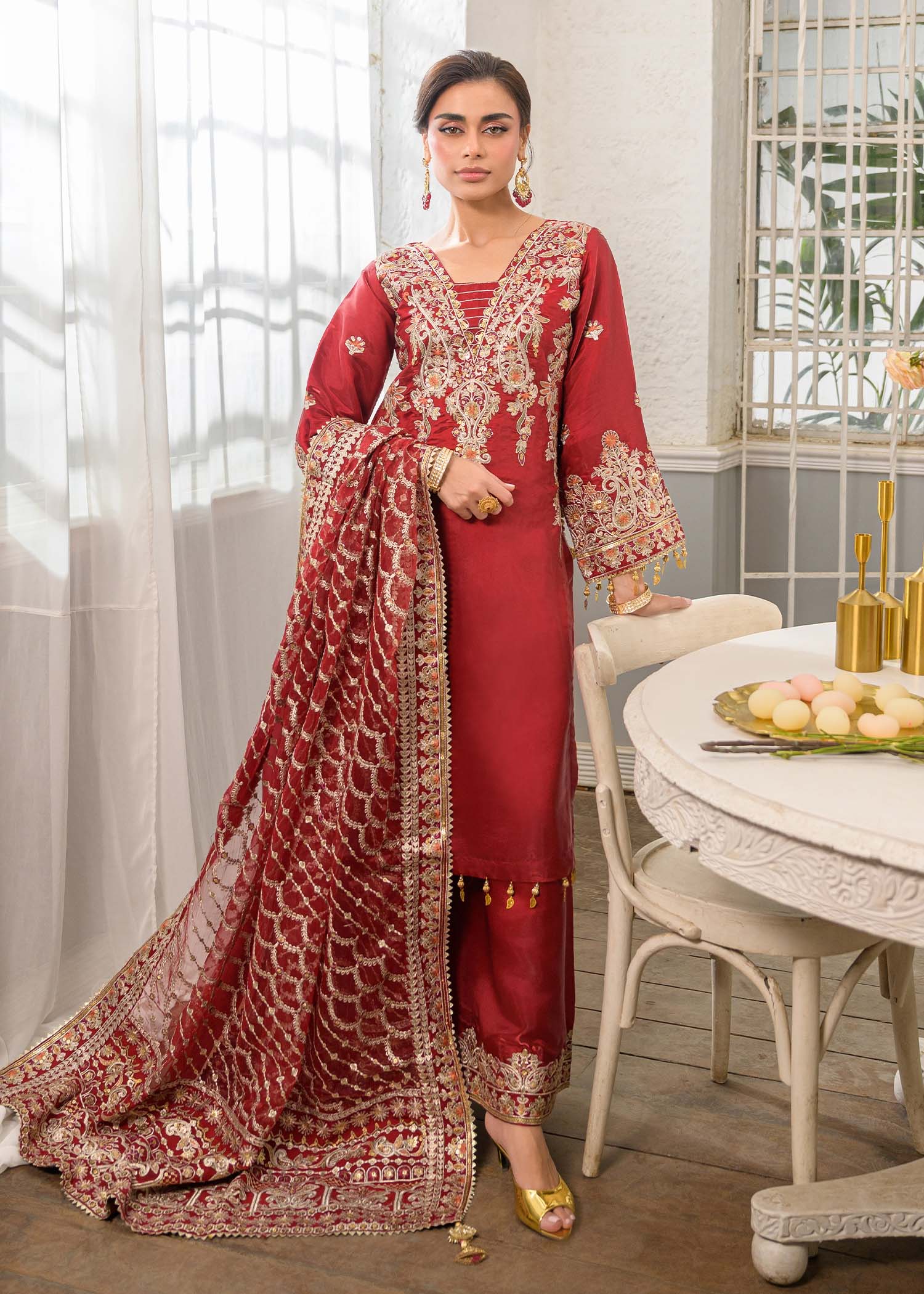 silk charmeuse Kurta Set in Crimson