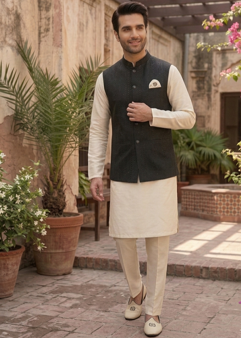 jamawar Waistcoat in Black by Dulha Fashion House