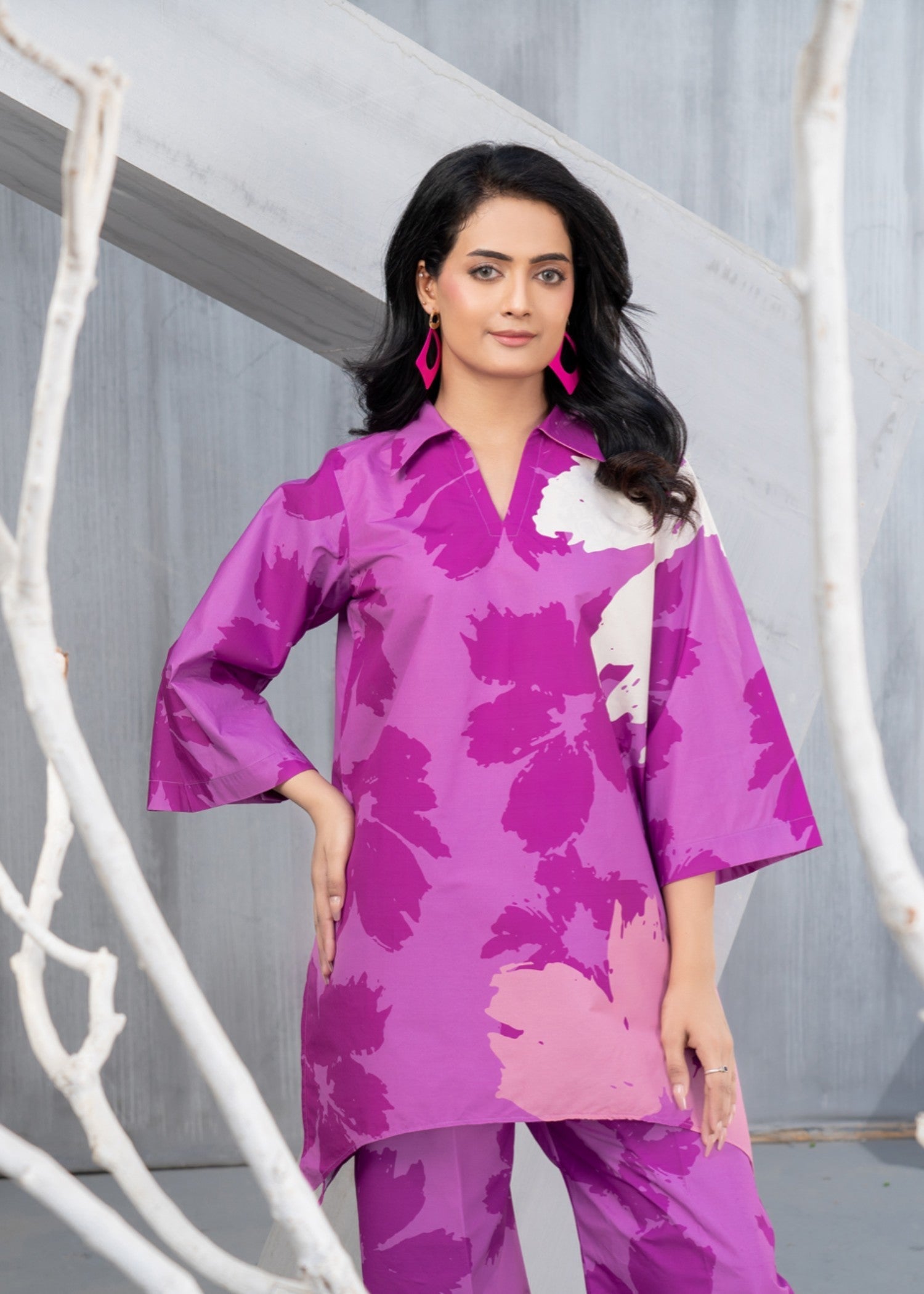 poly lawn Kurta Set in Ultra pink