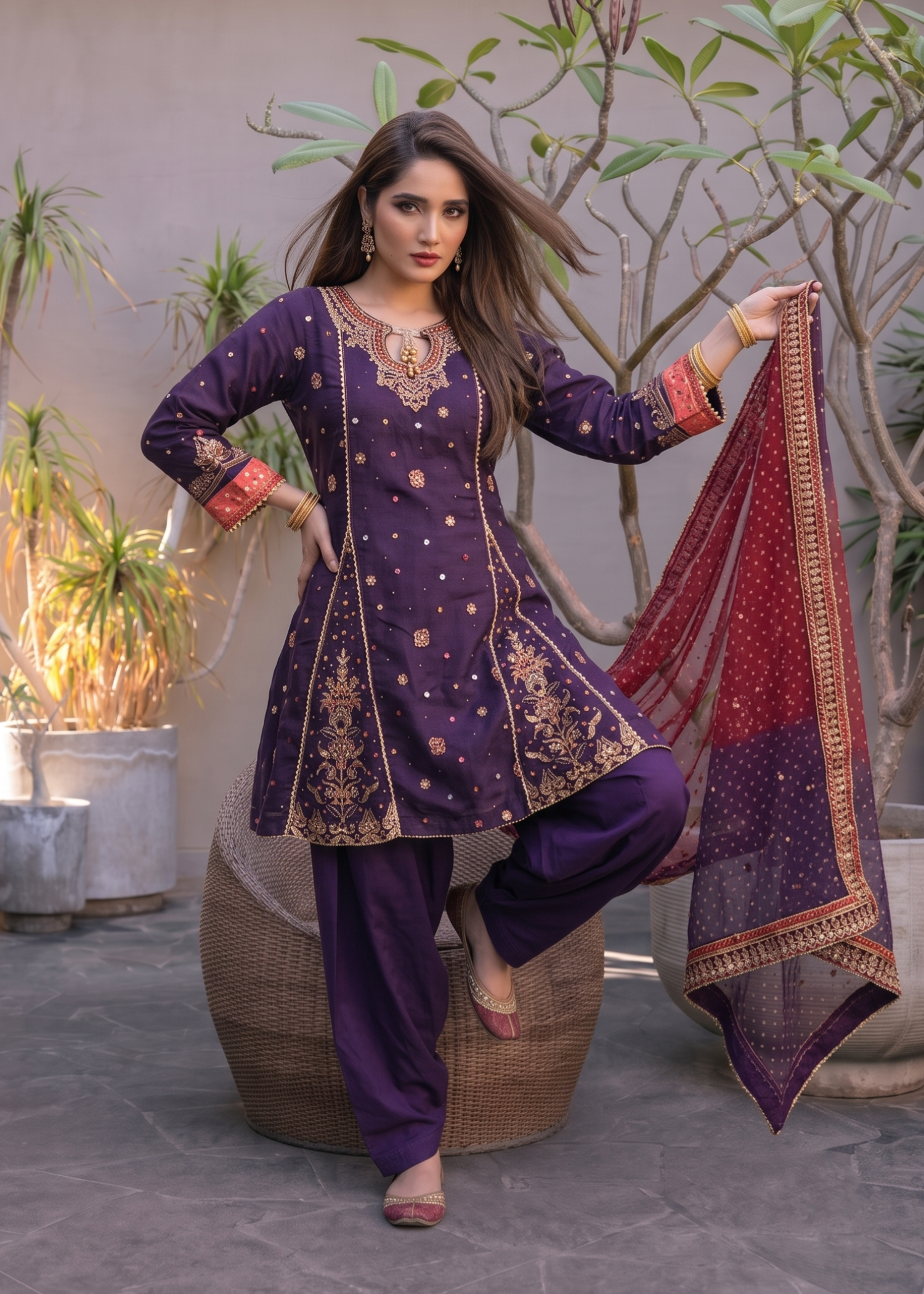 khaddi net Short Frock in Plum
