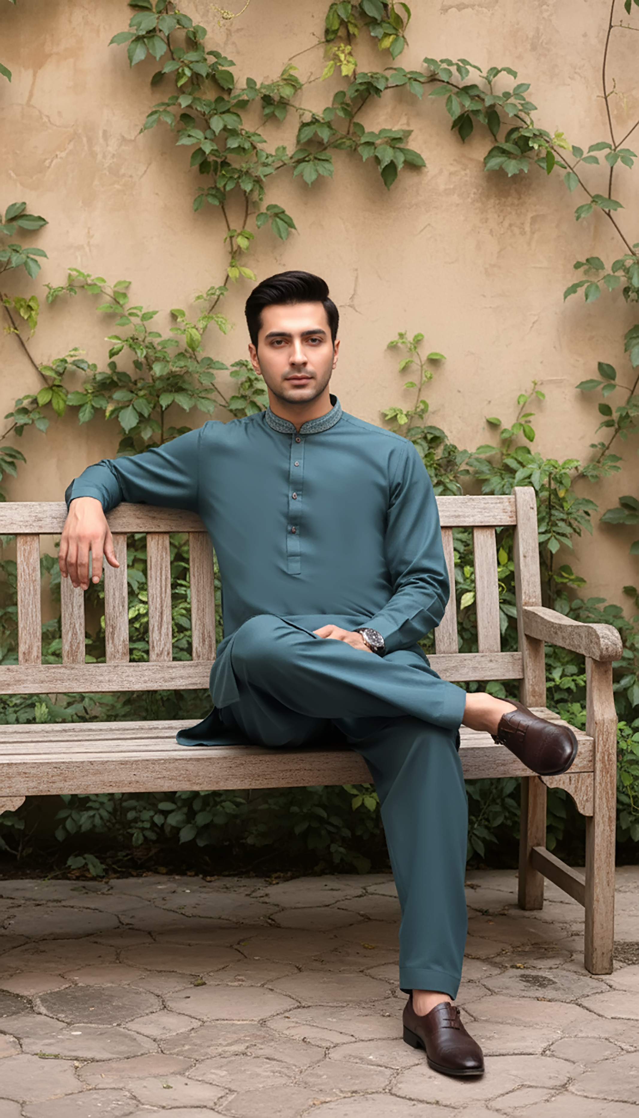 wash & wear Shalwar Kameez in Steel teal