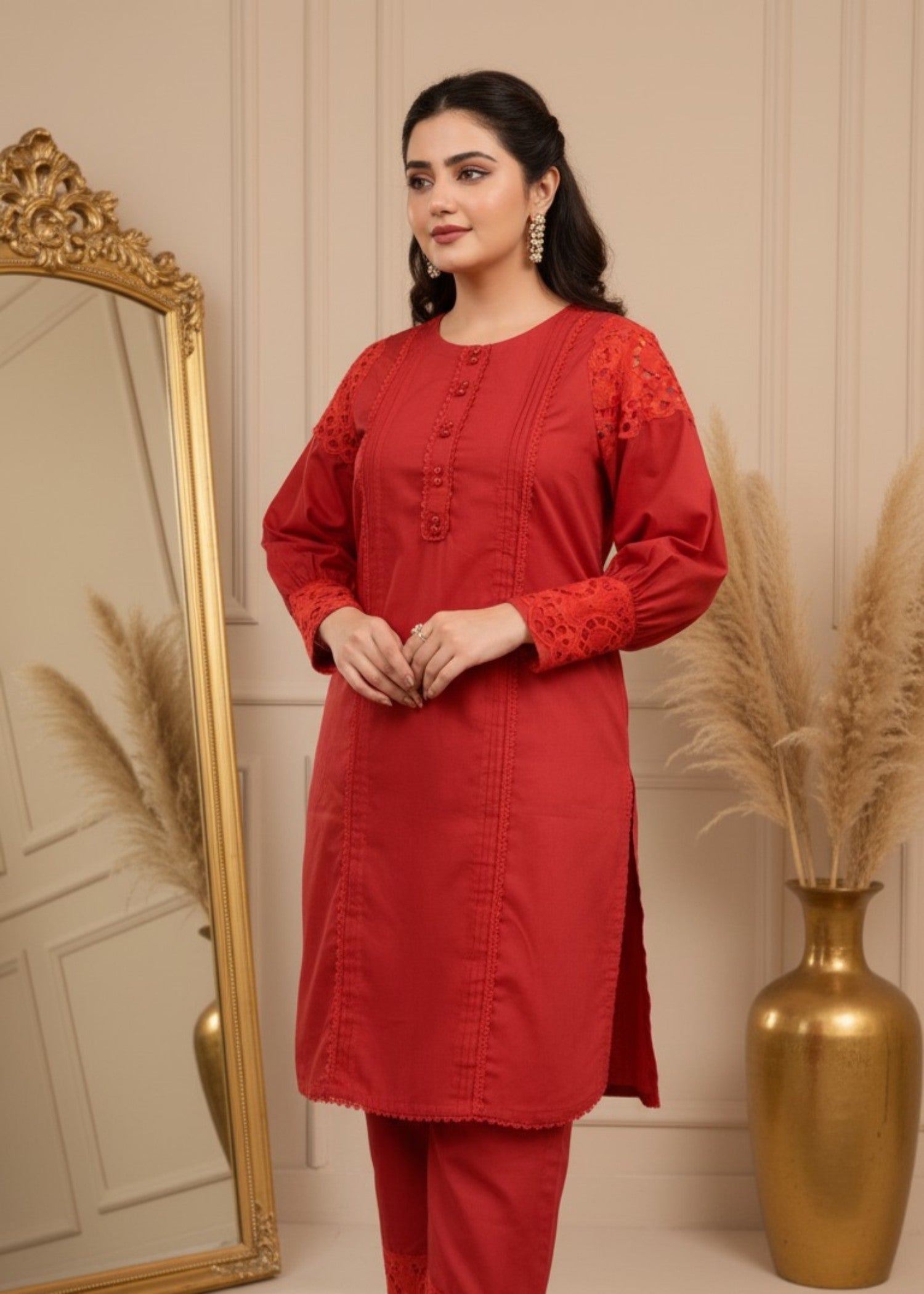 cotton Kurta Set in Red