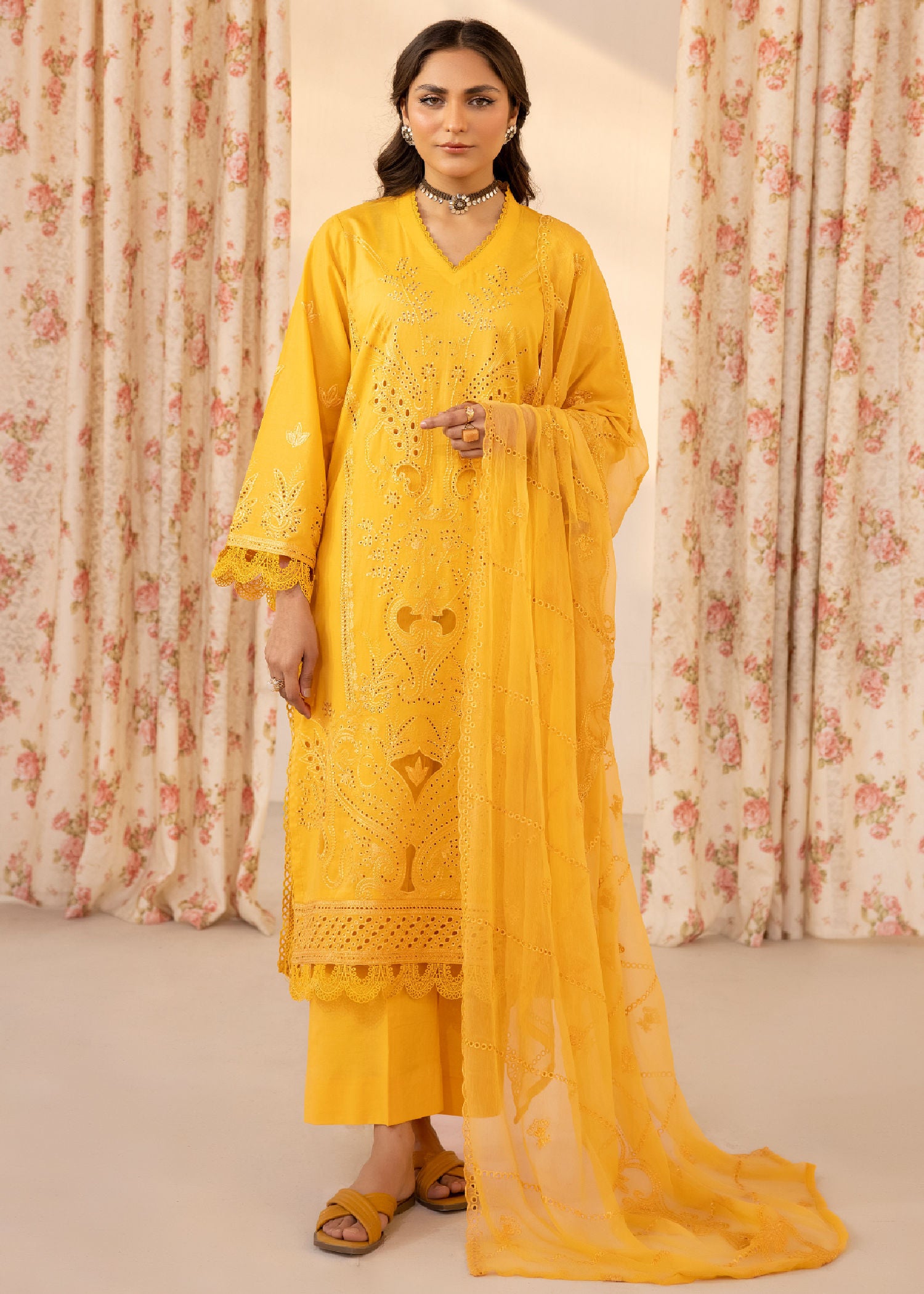chikankari cotton Unstitched in Yellow