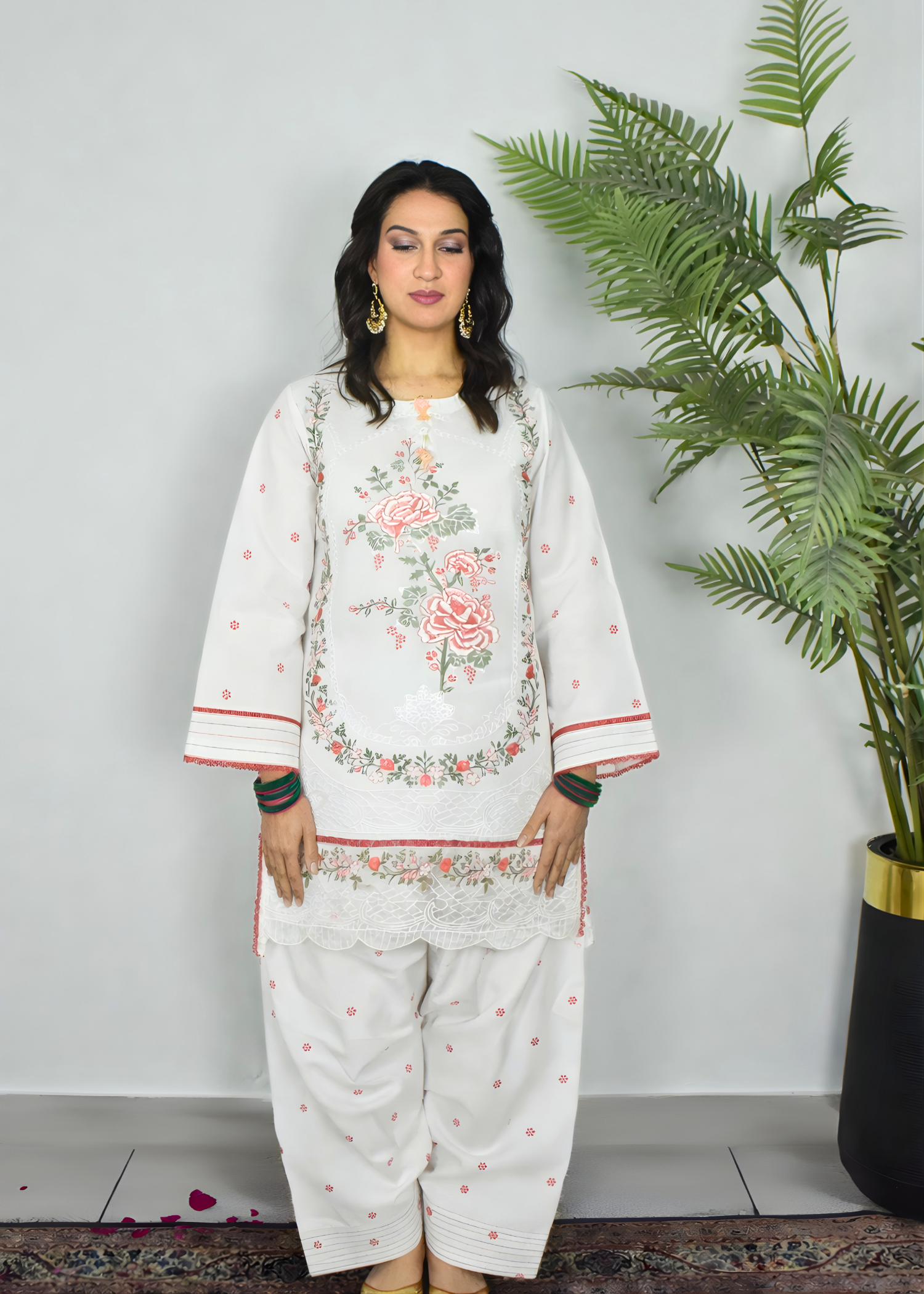 lawn cotton Kurta Set in White