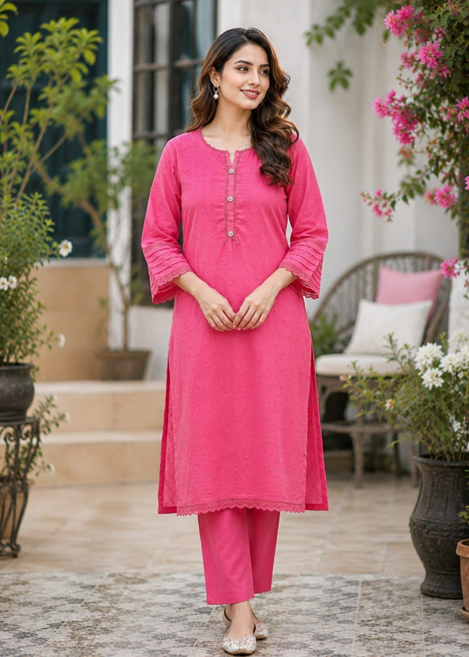 cotton Kurta Set in Taffy pink
