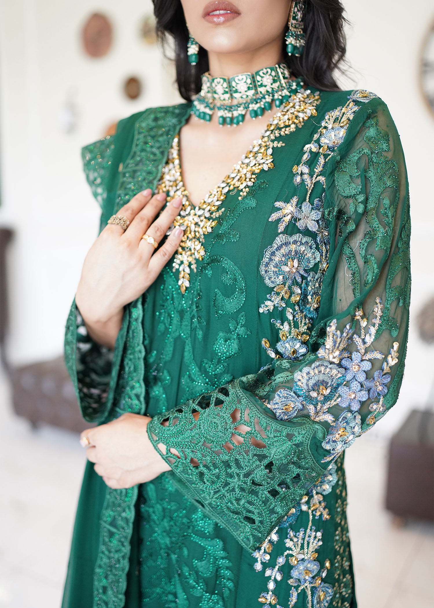 chiffon Lehenga in Emerald green