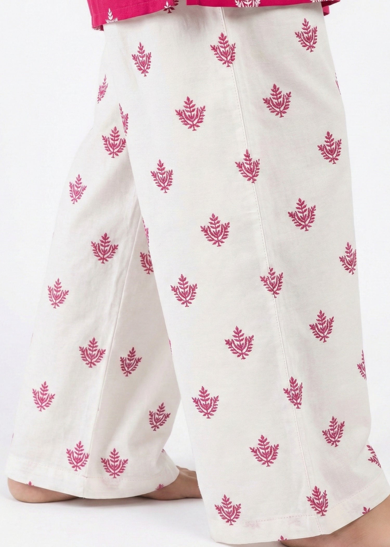 linen Kurta Set in White, hot pink