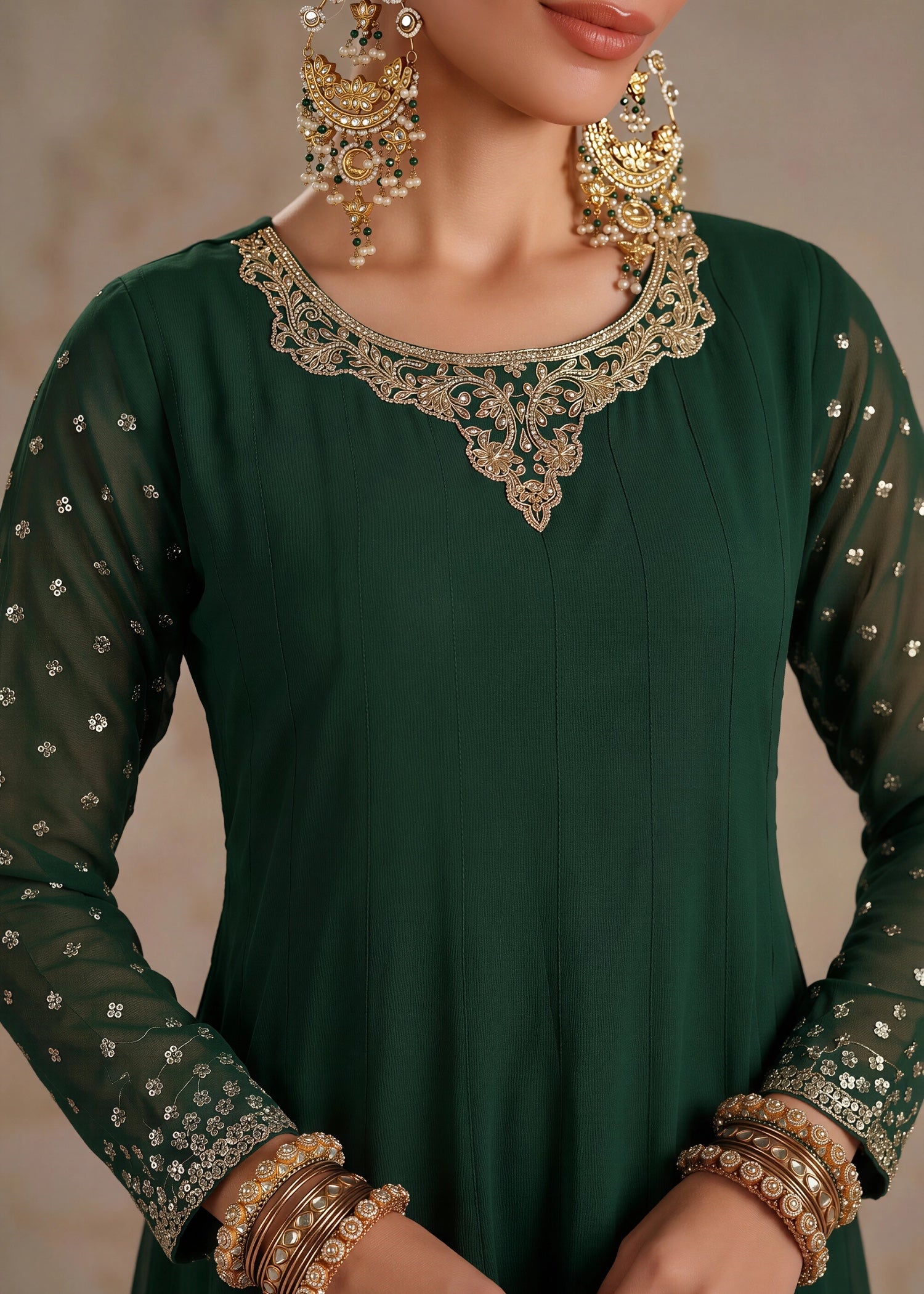 chiffon Pishwas in Bottle green