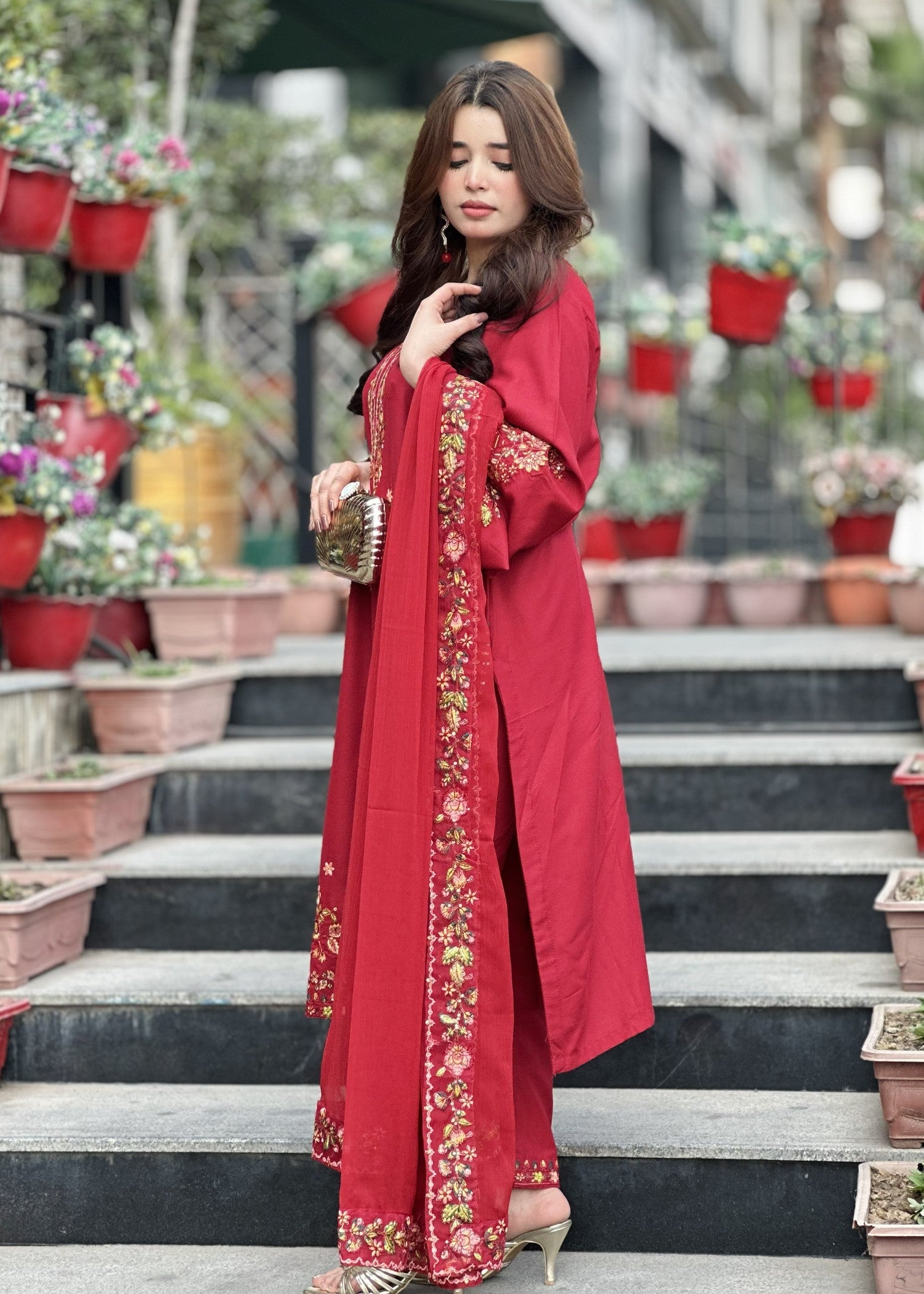 lawn cotton Kurta Set in Amaranth
