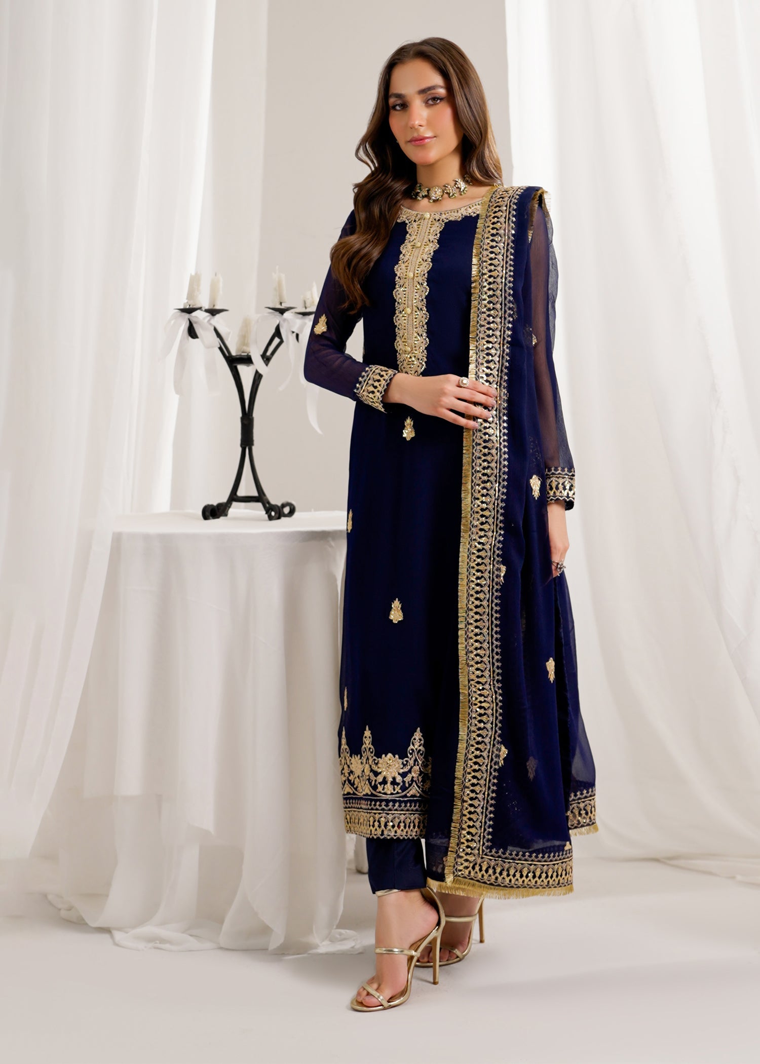 bemberg crinkle chiffon Kurta Set in Navy blue