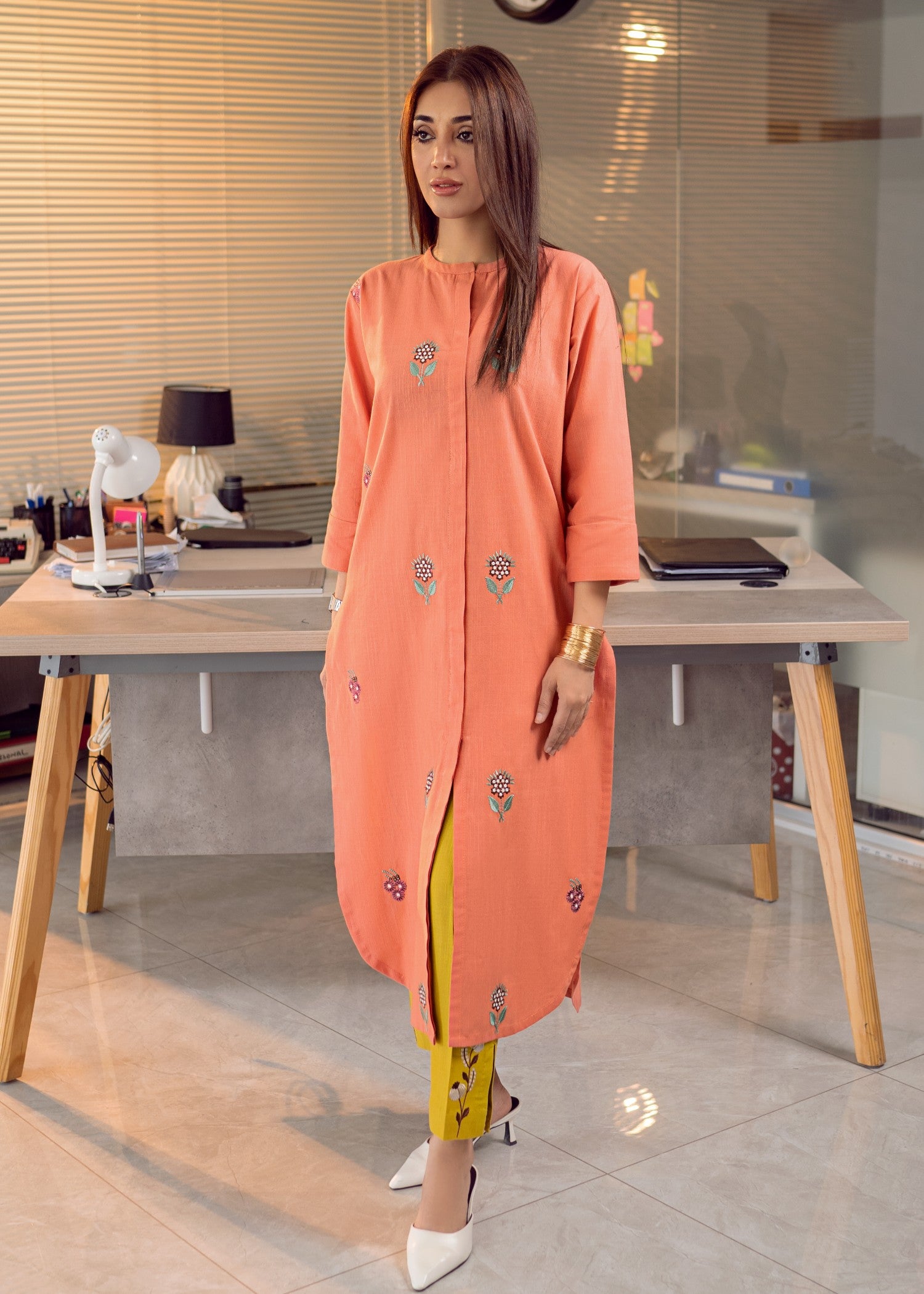 slub khaddar Kurta Set in Mustard, tea rose pink