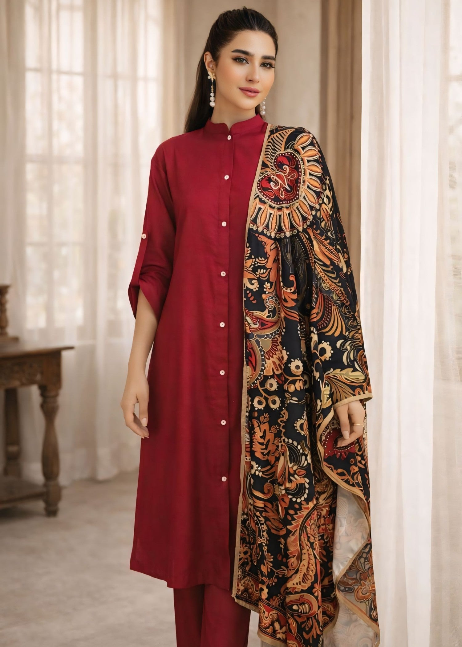 dhanak Kurta Set in Berry red