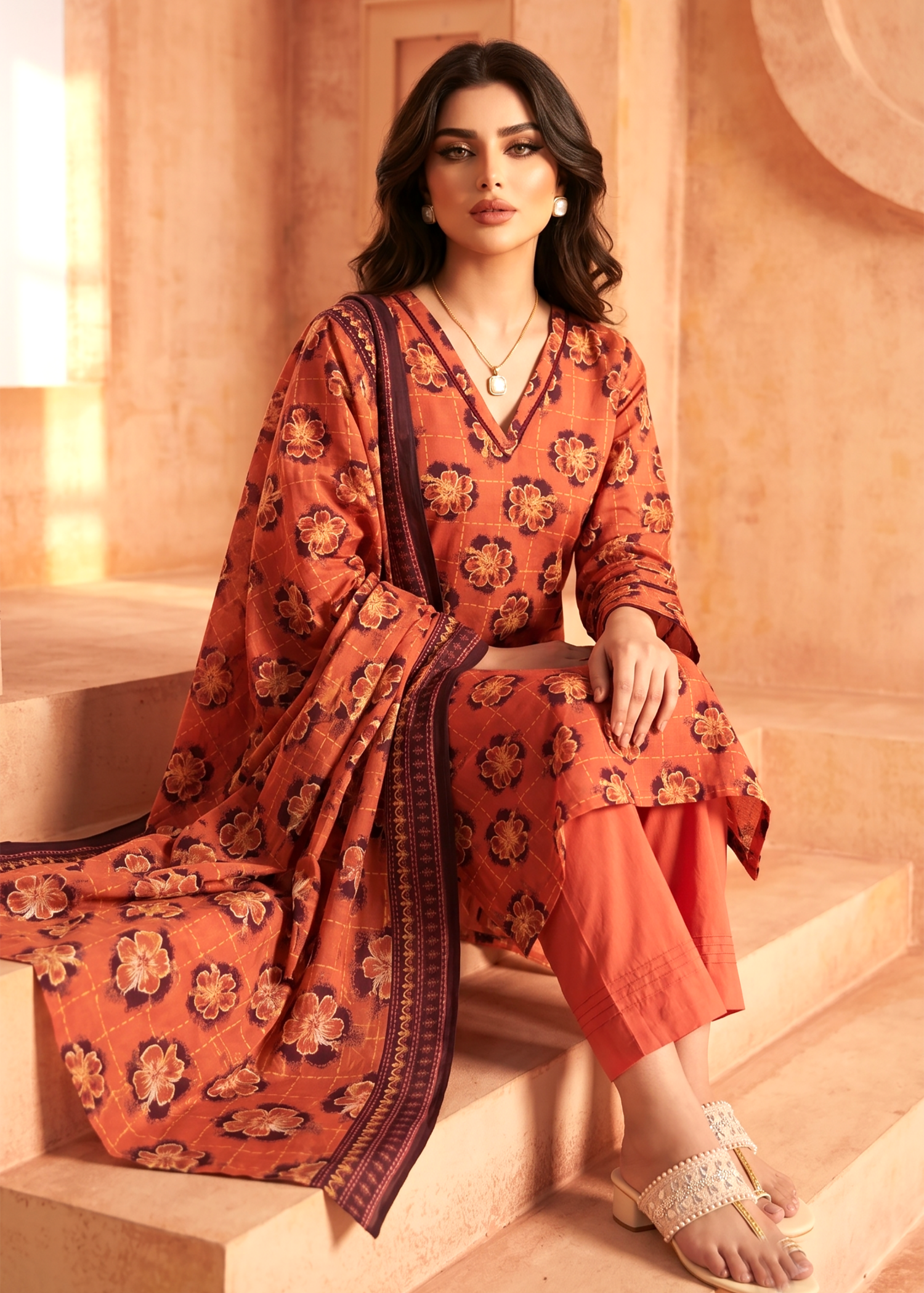 lawn Kurta Set in Coral red