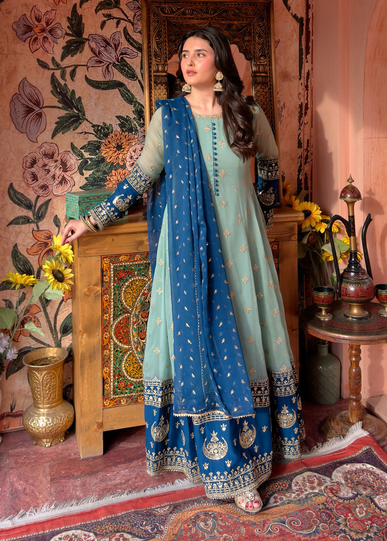 chiffon Anarkali in Aquamarine