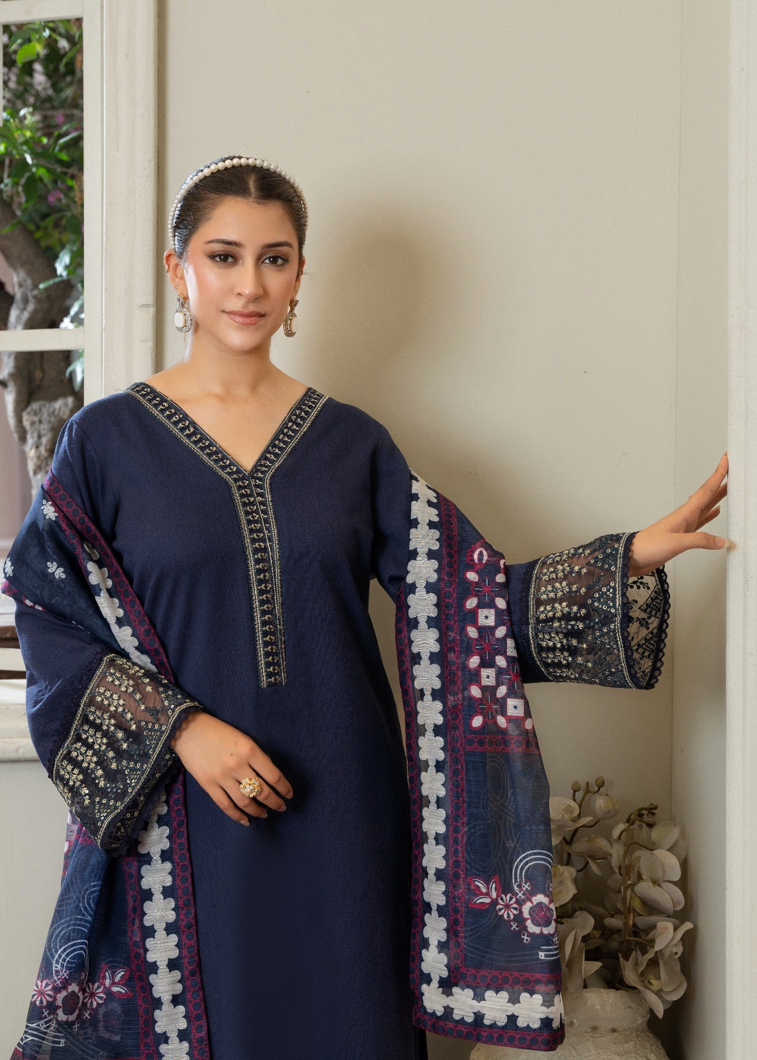 lawn karandi Kurta Set in Blue jay
