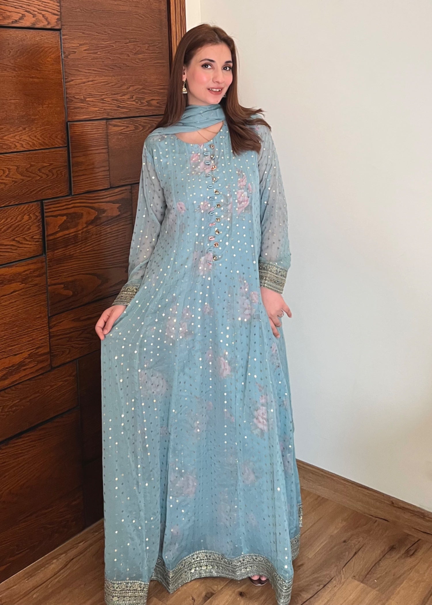 chiffon Pishwas in Ice blue