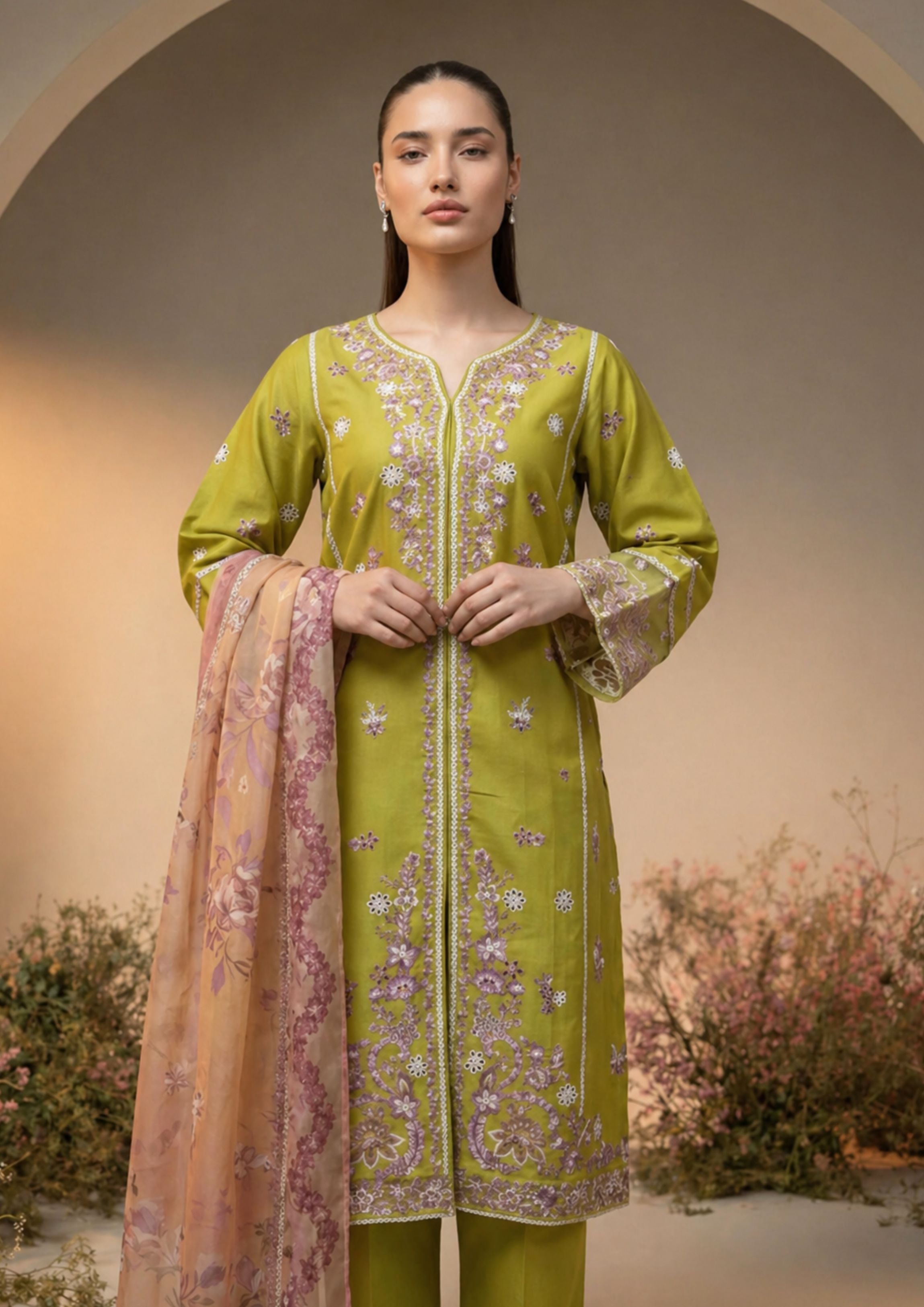 lawn cotton Kurta Set in Olive green