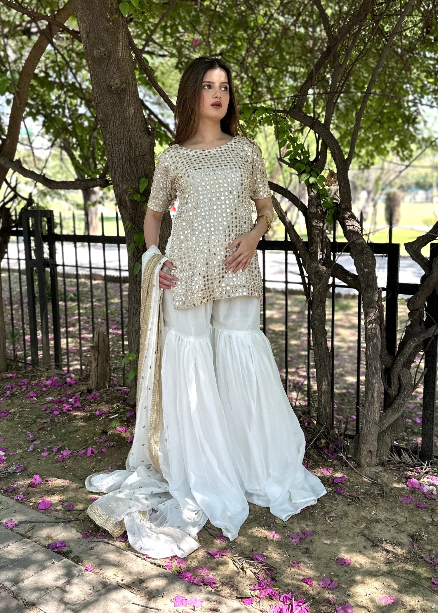 bemberg crinkle chiffon Gharara in White