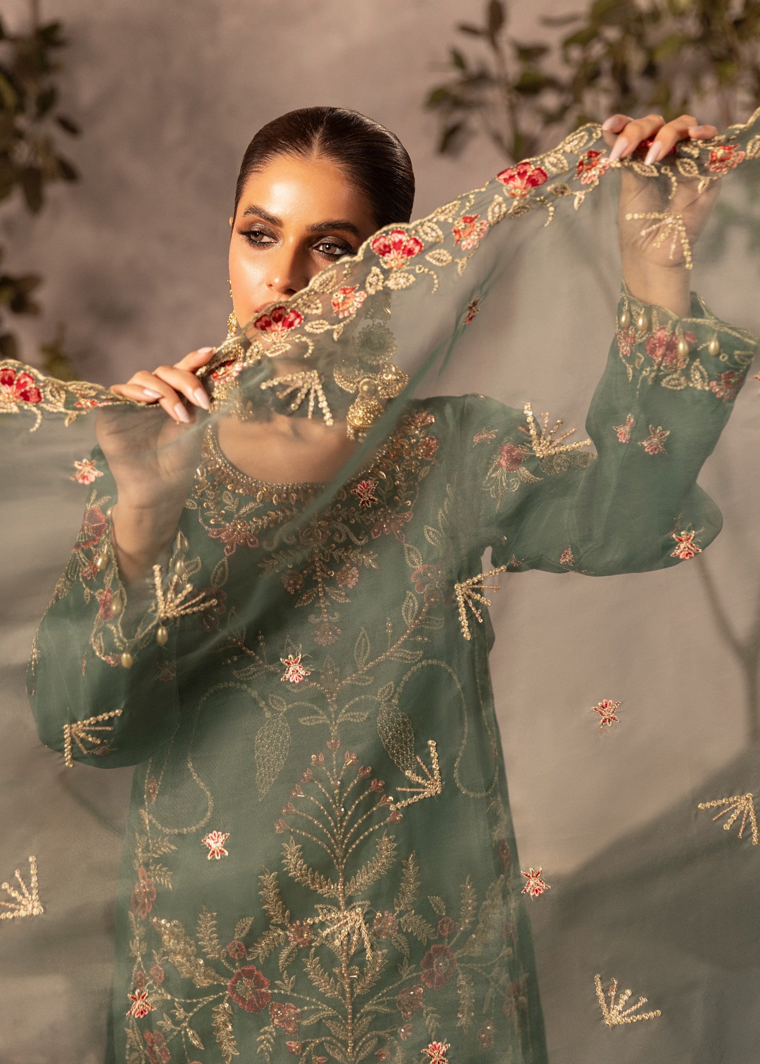 organza Gharara in Green