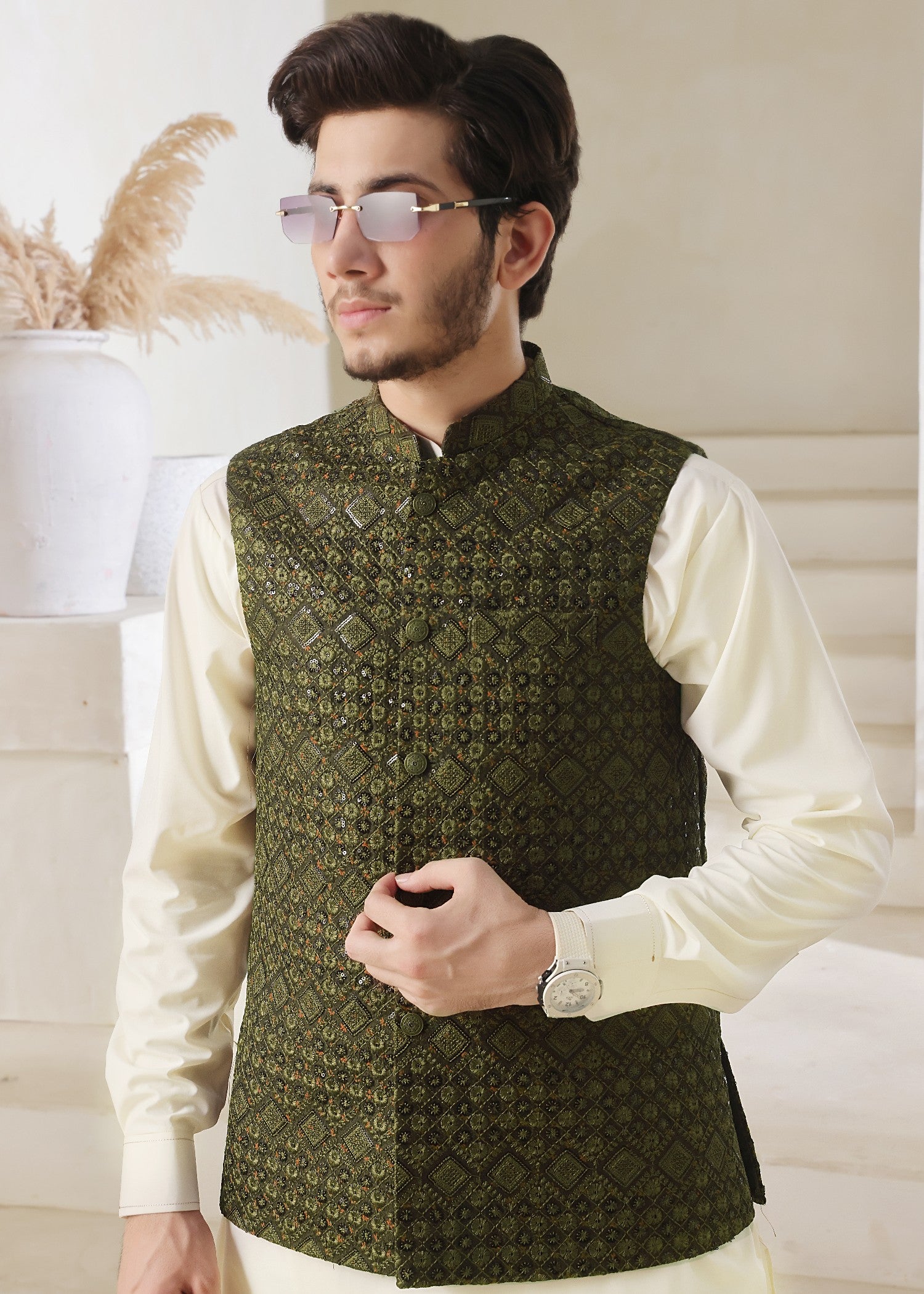 jamawar Waistcoat in Olive green